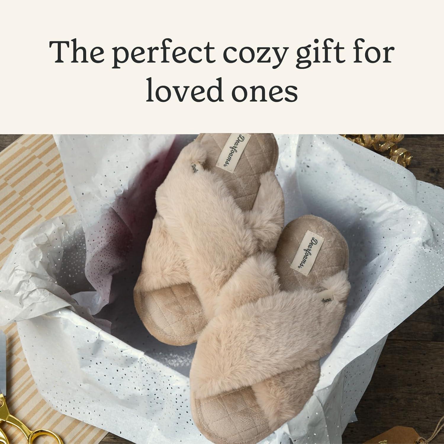 imageDearfoams Womens Acquired Style amp Danielle Pheloung Exclusive Memory Foam Jessica Cozy Bow Cross Band Slide SlippersLatte