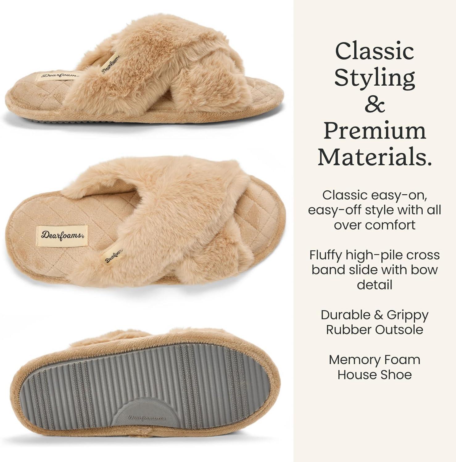 imageDearfoams Womens Acquired Style amp Danielle Pheloung Exclusive Memory Foam Jessica Cozy Bow Cross Band Slide SlippersLatte