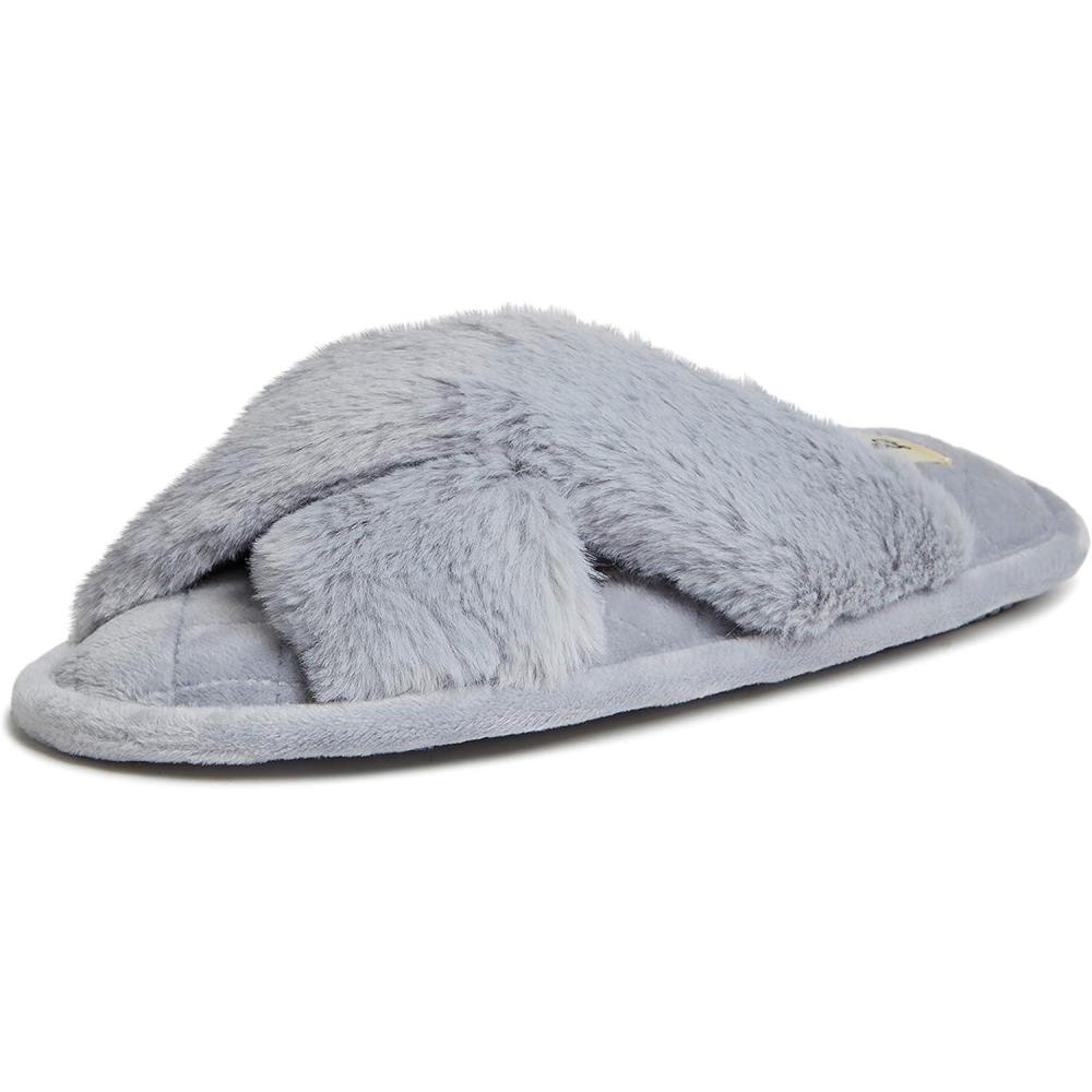 imageDearfoams Womens Acquired Style amp Danielle Pheloung Exclusive Memory Foam Jessica Cozy Bow Cross Band Slide SlippersSleet