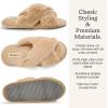 Dearfoams Women’s Acquired Style & Danielle Pheloung Exclusive Memory Foam Jessica Cozy Bow Cross Band Slide Slippers(Latte)