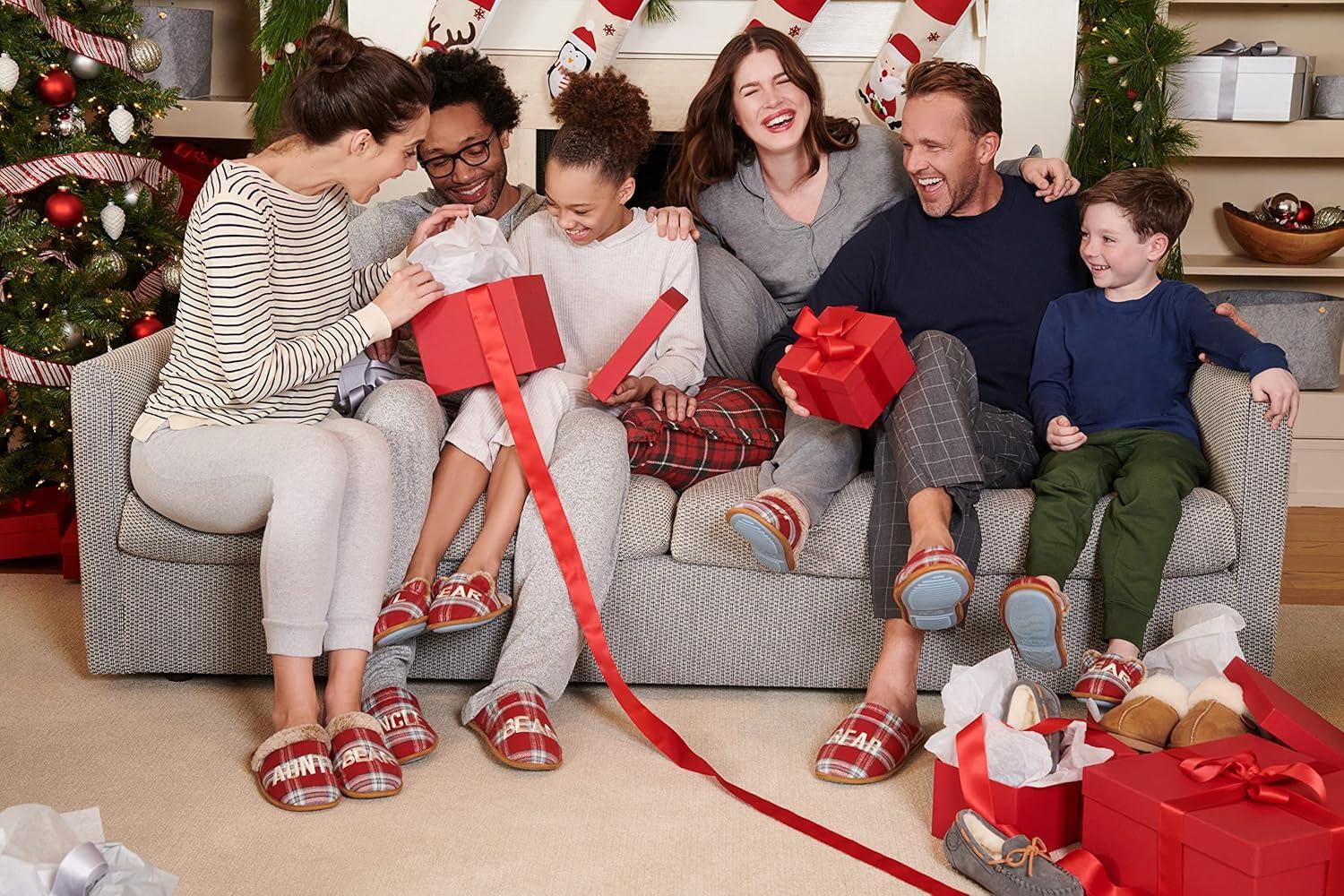 imageDearfoams Baby amp Kids Bear Matching Family Slipper Christmas GiftsBaby Bear RedBlue Plaid