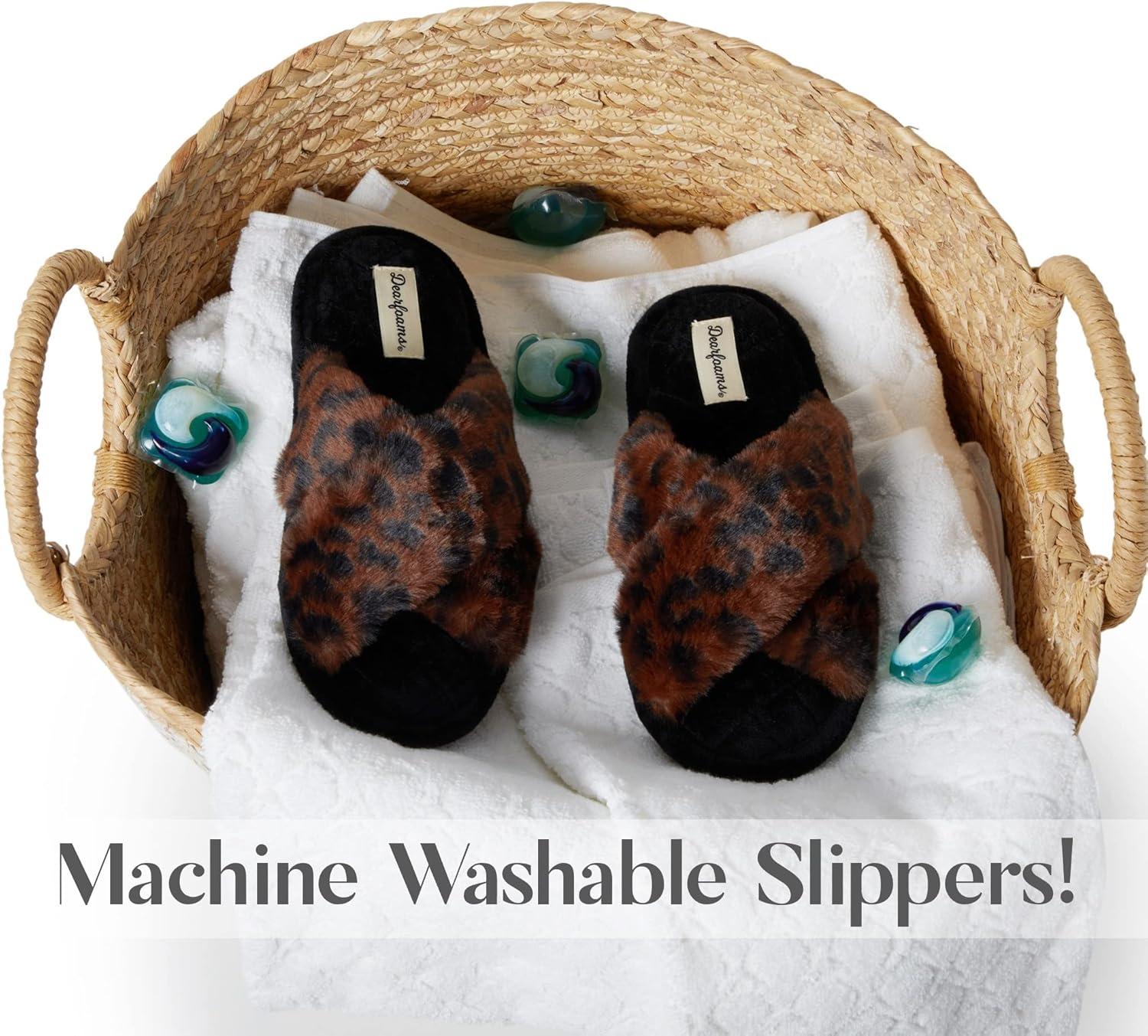 imageDearfoams Womens Acquired Style amp Danielle Pheloung Exclusive Memory Foam Jessica Cozy Bow Cross Band Slide SlippersLeopard