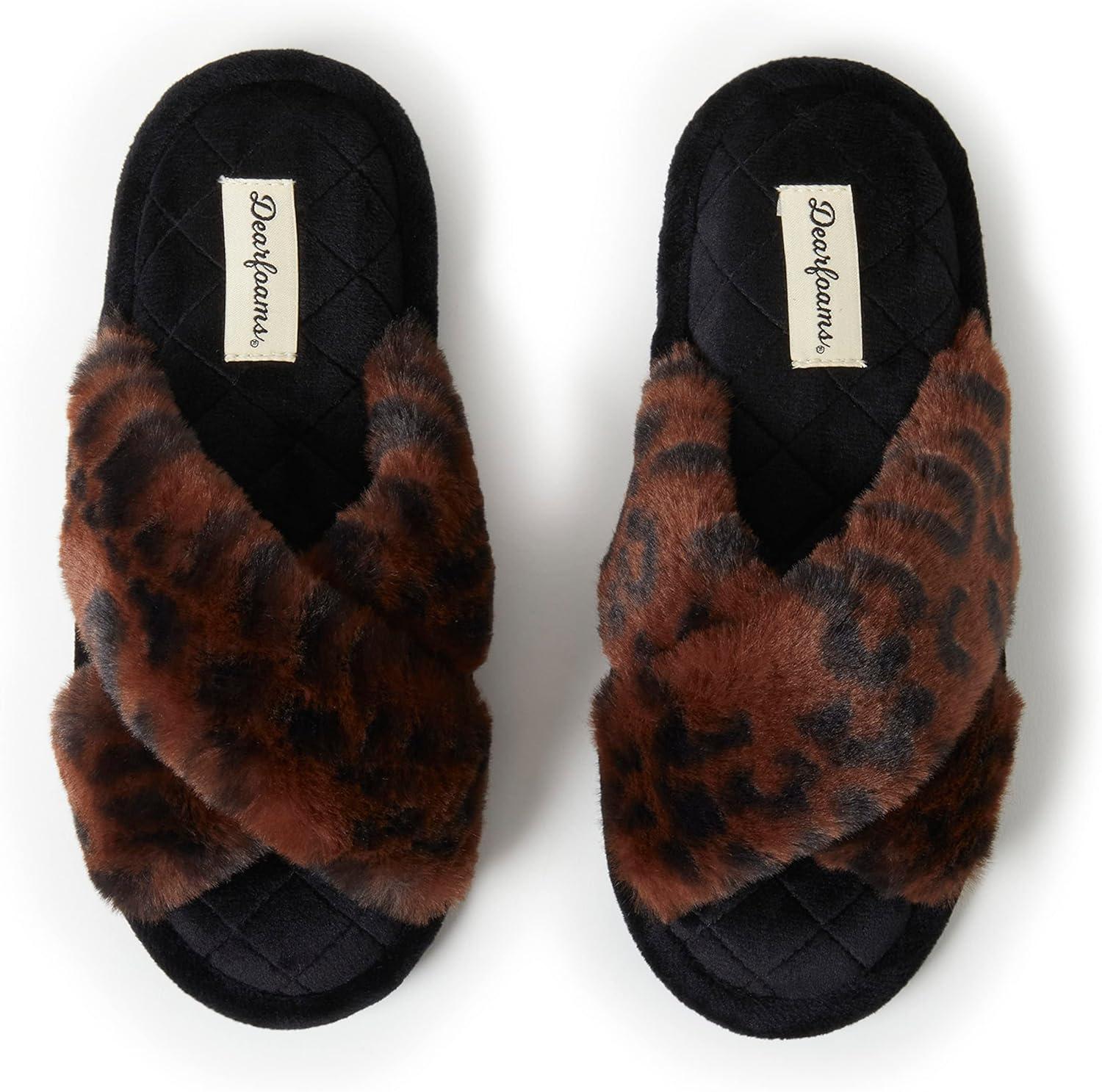 imageDearfoams Womens Acquired Style amp Danielle Pheloung Exclusive Memory Foam Jessica Cozy Bow Cross Band Slide SlippersLeopard