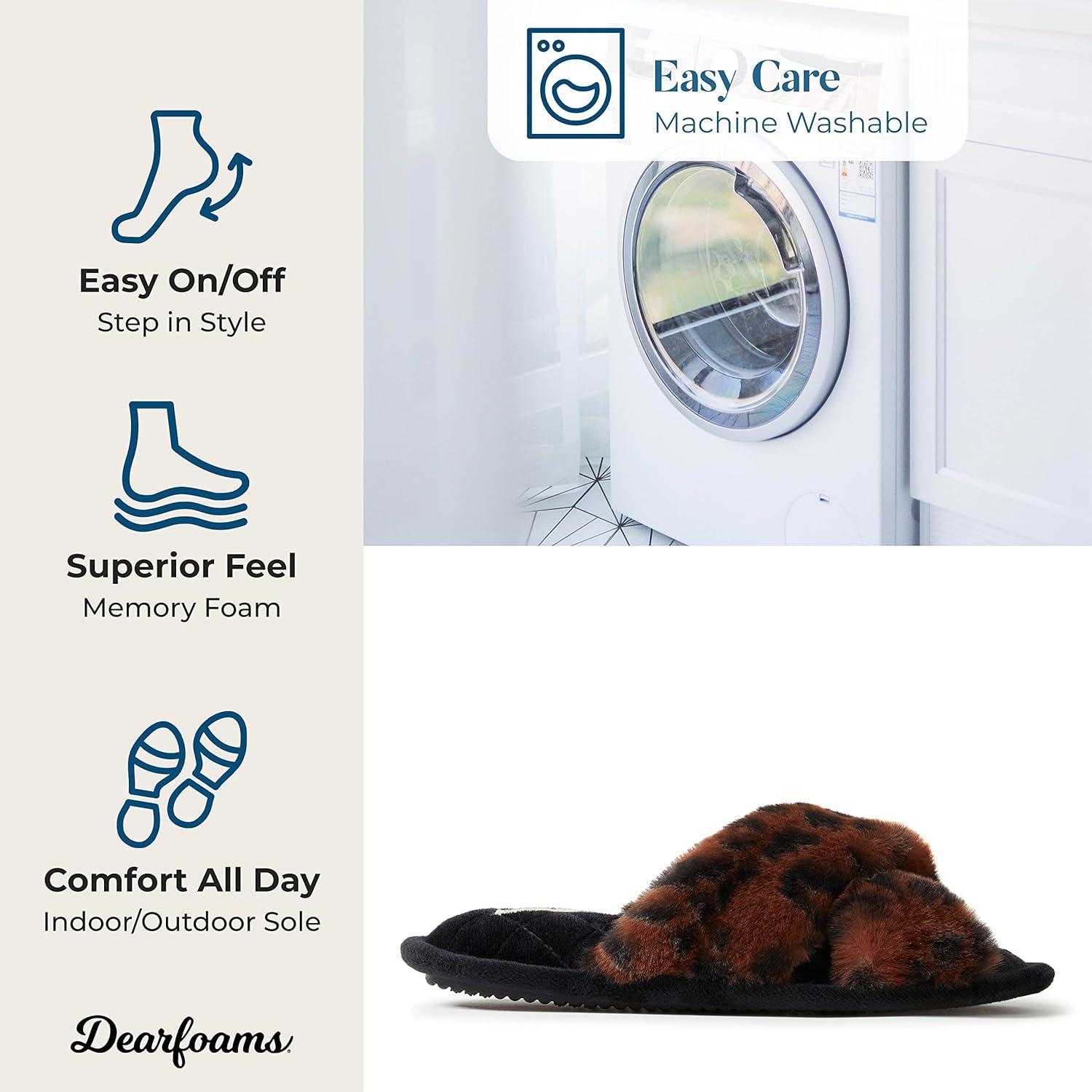 imageDearfoams Womens Acquired Style amp Danielle Pheloung Exclusive Memory Foam Jessica Cozy Bow Cross Band Slide SlippersLeopard