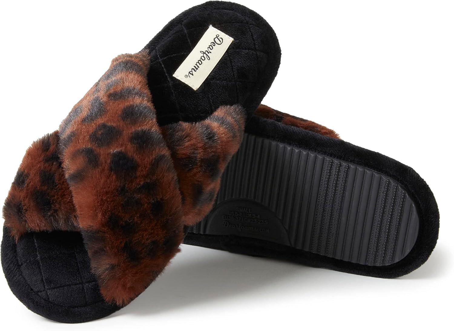 imageDearfoams Womens Acquired Style amp Danielle Pheloung Exclusive Memory Foam Jessica Cozy Bow Cross Band Slide SlippersLeopard