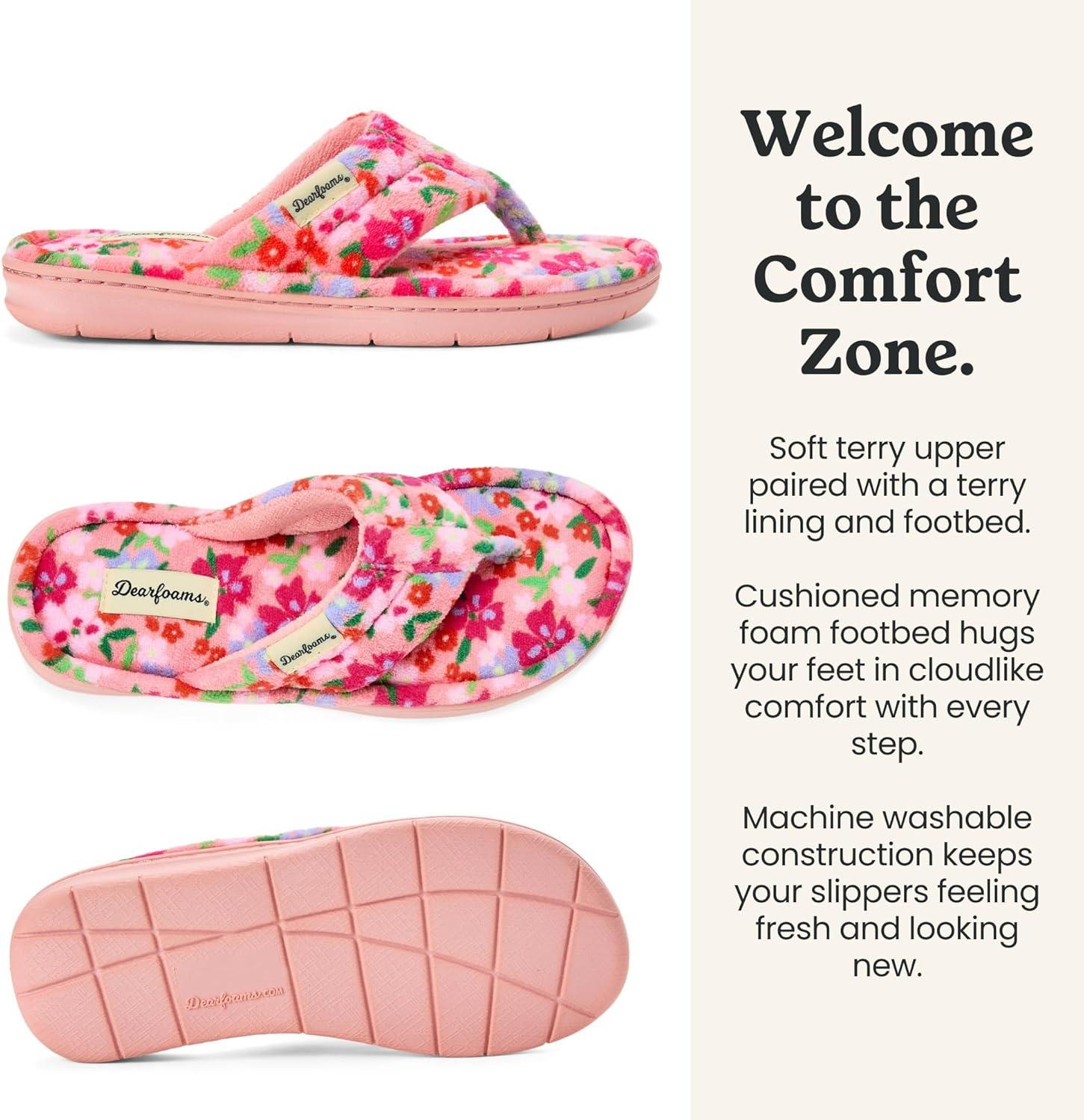 imageDearfoams Womens Melanie Colorblocked Microfiber Terry Thong SlipperPink Flowers