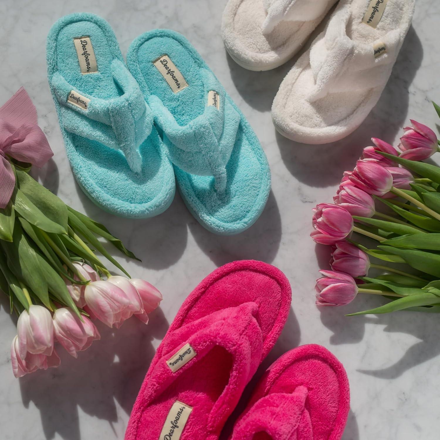 imageDearfoams Womens Melanie Colorblocked Microfiber Terry Thong SlipperPink Flowers