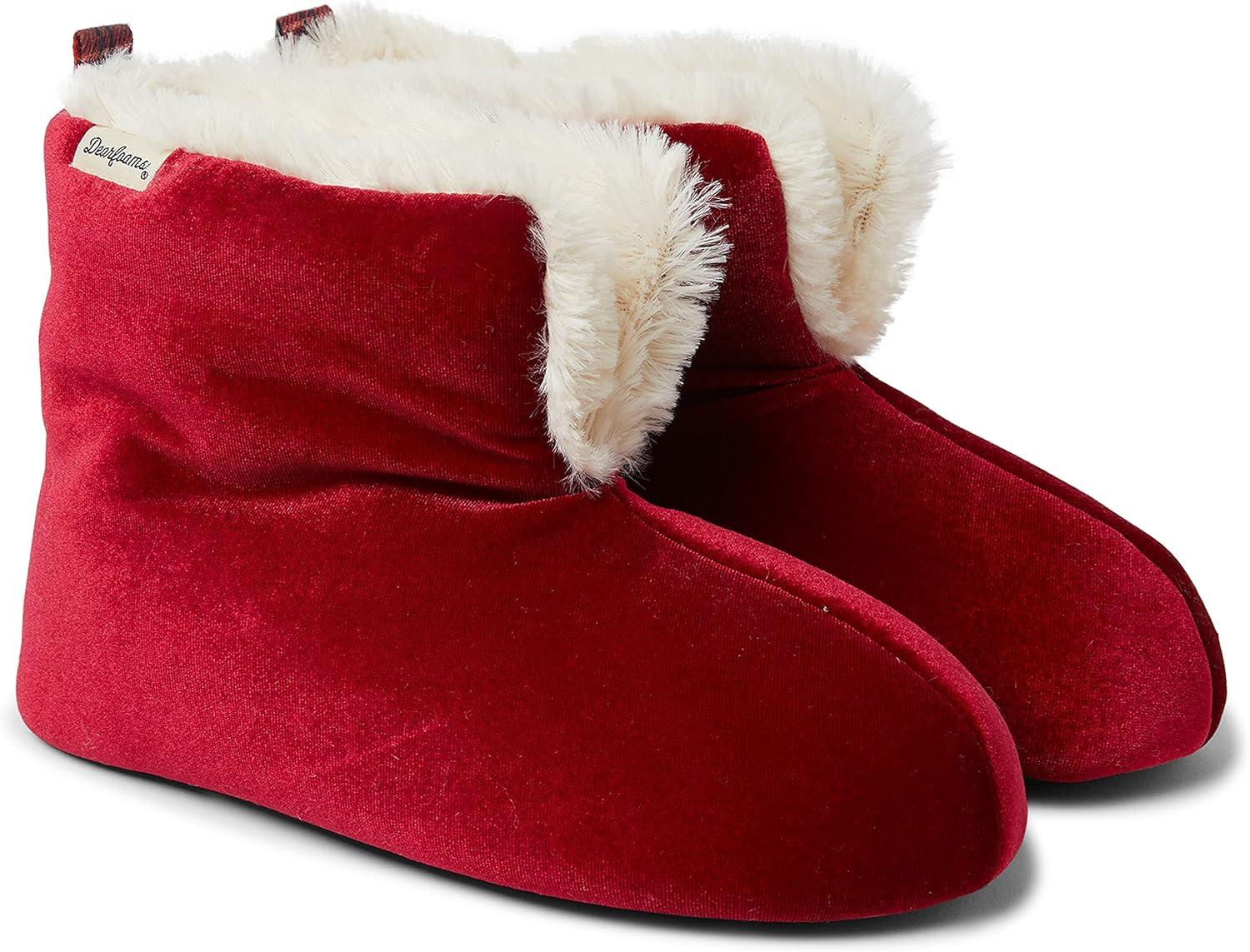 imageDearfoams womens Zoey Lounge Duvet Bootie SlipperSlipperFirebrick Red Velour