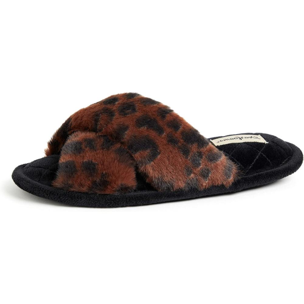 imageDearfoams Womens Acquired Style amp Danielle Pheloung Exclusive Memory Foam Jessica Cozy Bow Cross Band Slide SlippersLeopard