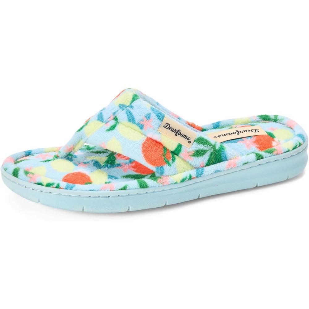 imageDearfoams Womens Melanie Colorblocked Microfiber Terry Thong SlipperBlue Print