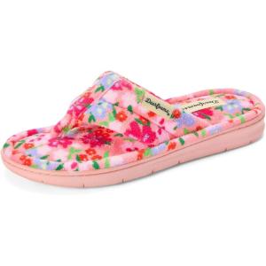 Dearfoams Women’s Melanie Colorblocked Microfiber Terry Thong Slipper(Pink Flowers)
