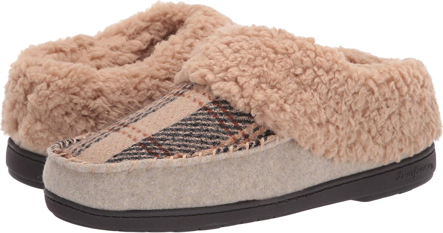 imageDearfoams Womens Elaine Blanket Plaid Moc Toe Clog SlipperLatte