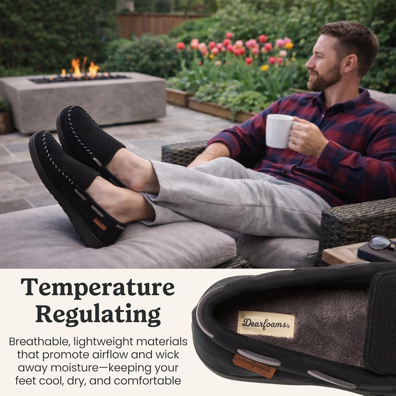imageDearfoams mens Keaton Memory Foam Moccasin Slippers With Indoor and Outdoor Sole and Wide WidthsBlack Perforated