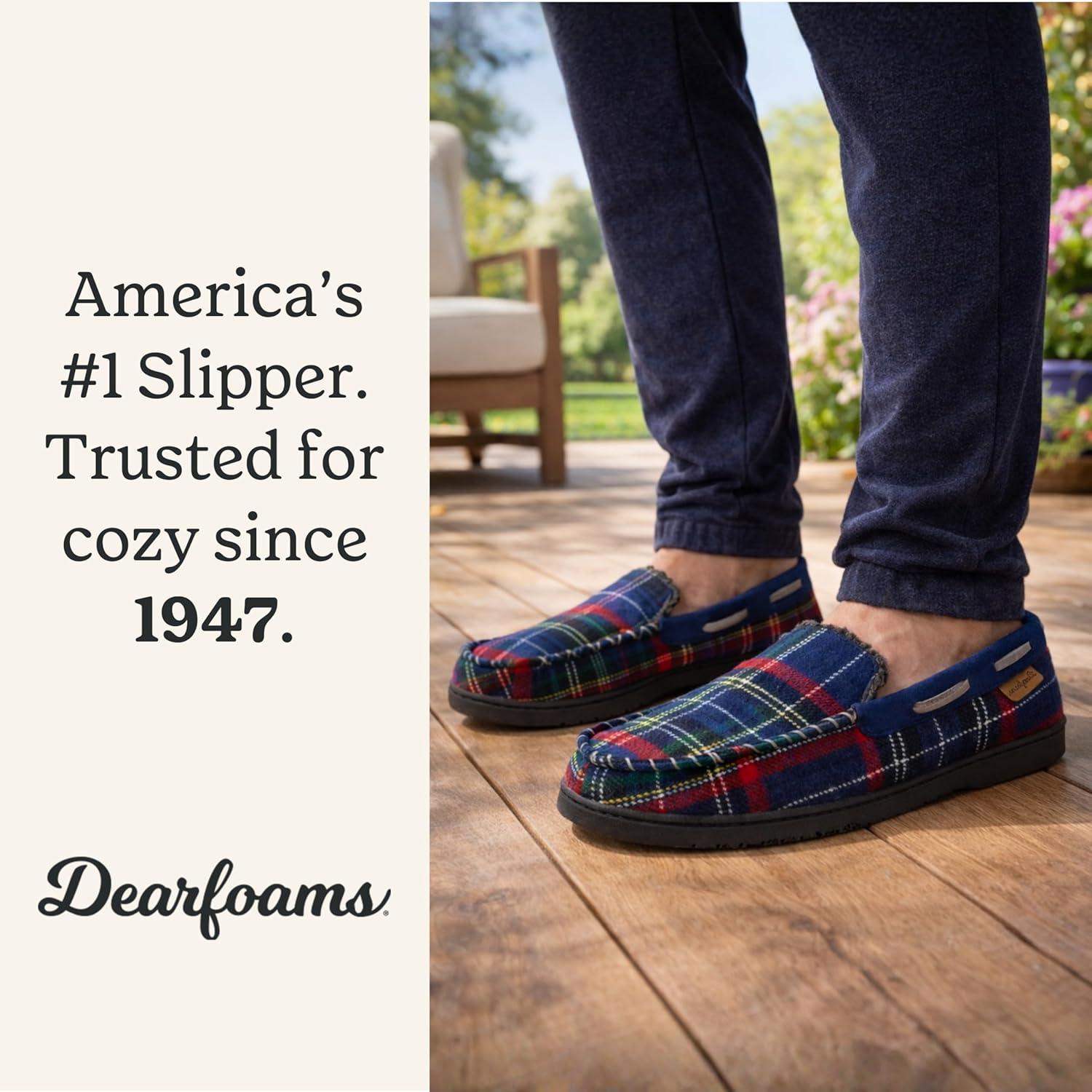 imageDearfoams mens Keaton Memory Foam Moccasin Slippers With Indoor and Outdoor Sole and Wide WidthsBlue Plaid