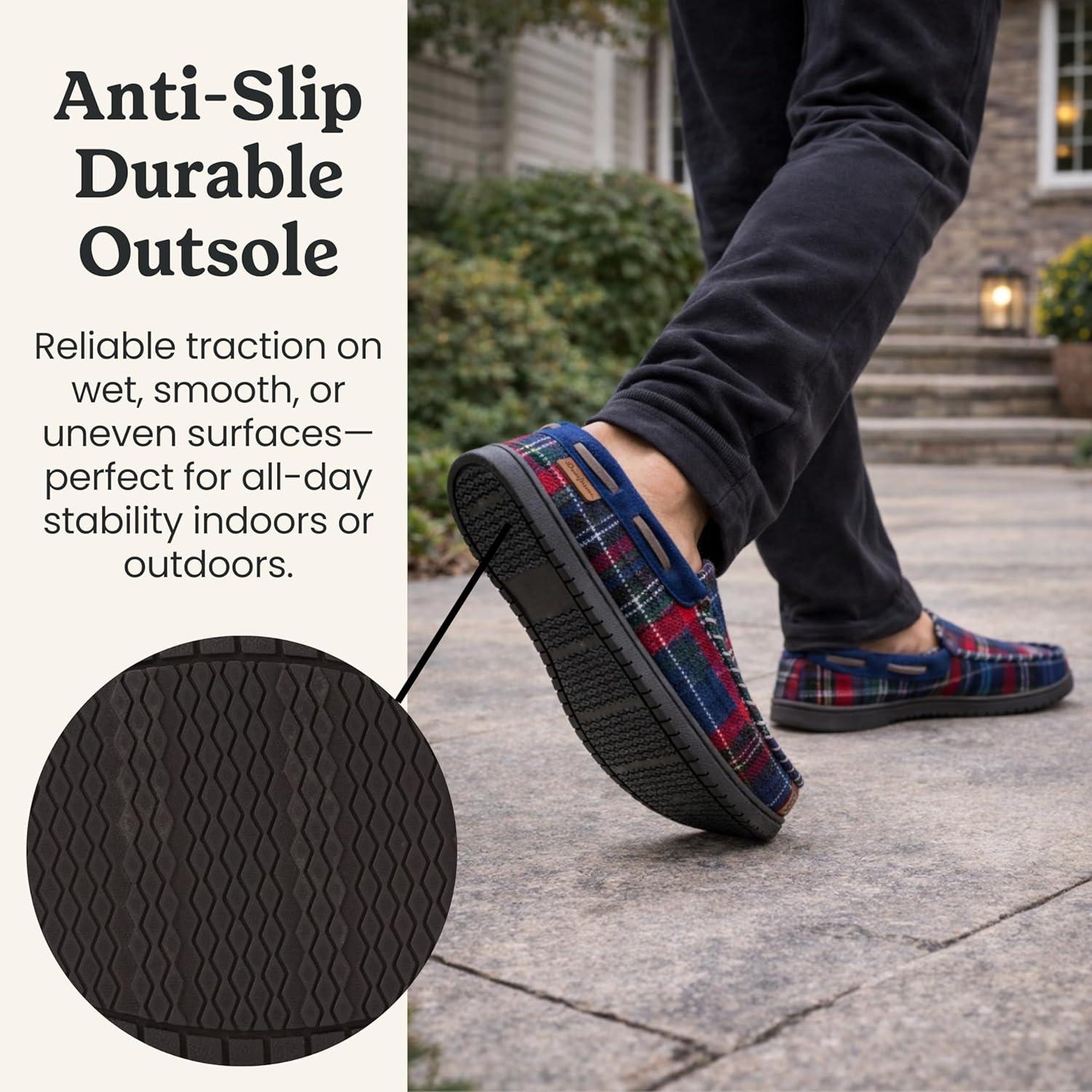 imageDearfoams mens Keaton Memory Foam Moccasin Slippers With Indoor and Outdoor Sole and Wide WidthsBlue Plaid