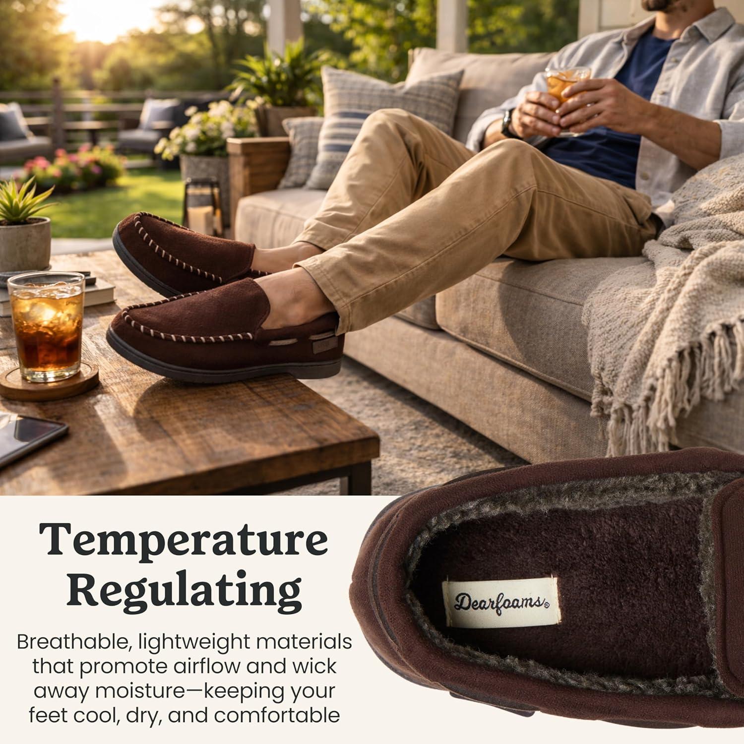 imageDearfoams mens Keaton Memory Foam Moccasin Slippers With Indoor and Outdoor Sole and Wide WidthsCoffee Microsuede