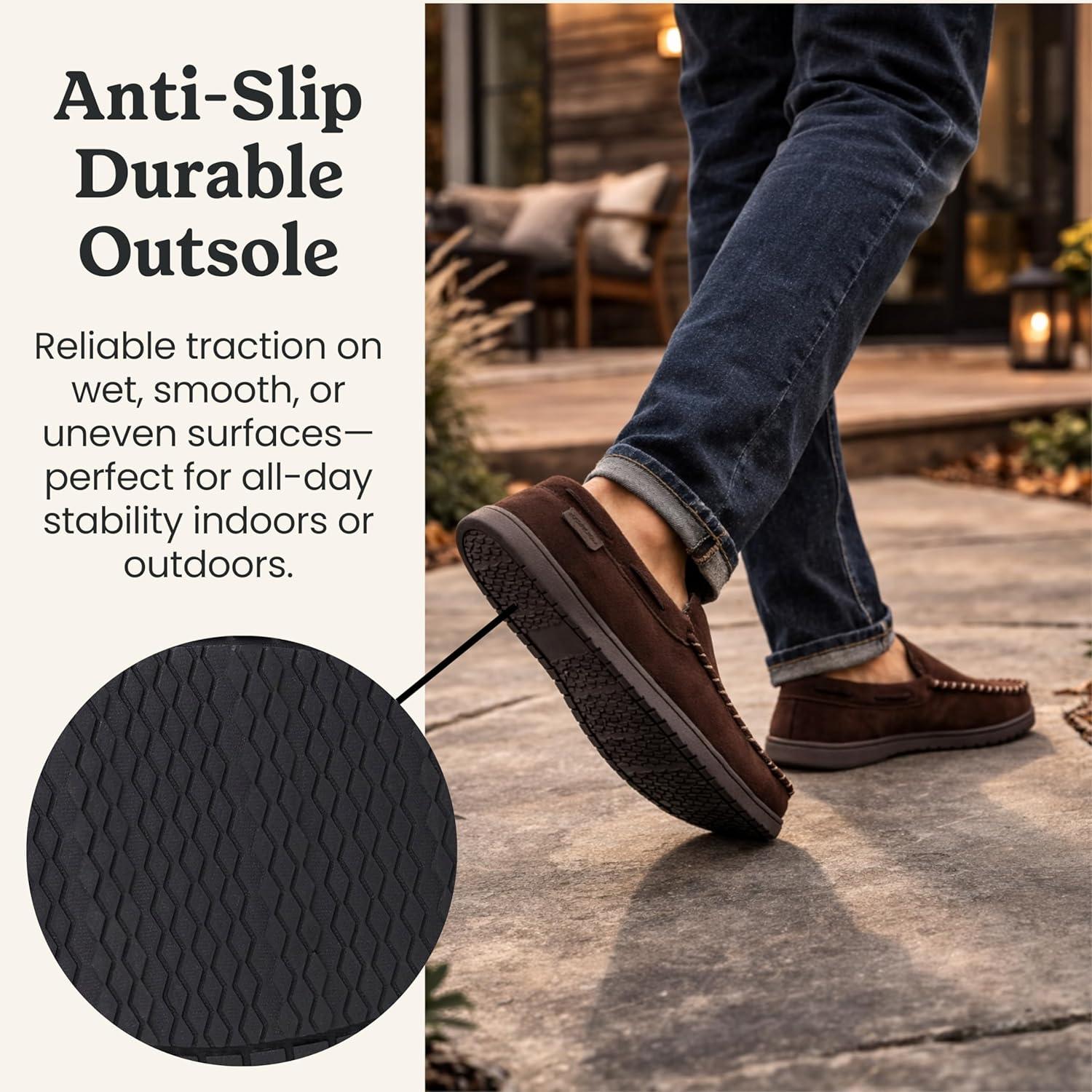 imageDearfoams mens Keaton Memory Foam Moccasin Slippers With Indoor and Outdoor Sole and Wide WidthsCoffee Microsuede