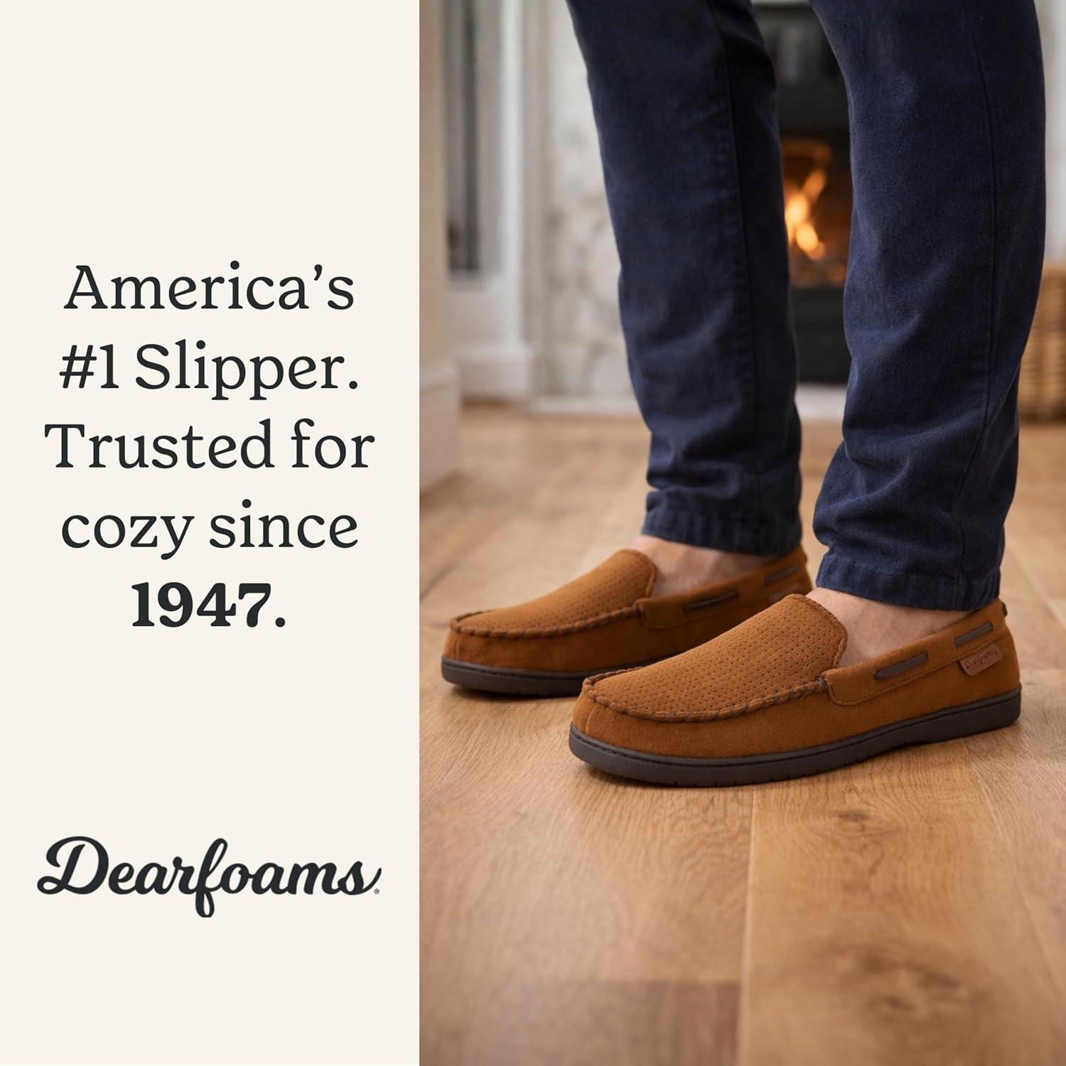 imageDearfoams mens Keaton Memory Foam Moccasin Slippers With Indoor and Outdoor Sole and Wide WidthsTan Perforated