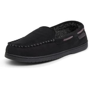 Dearfoams mens Keaton Memory Foam Moccasin Slippers With Indoor and Outdoor Sole and Wide Widths(Black Microsuede)