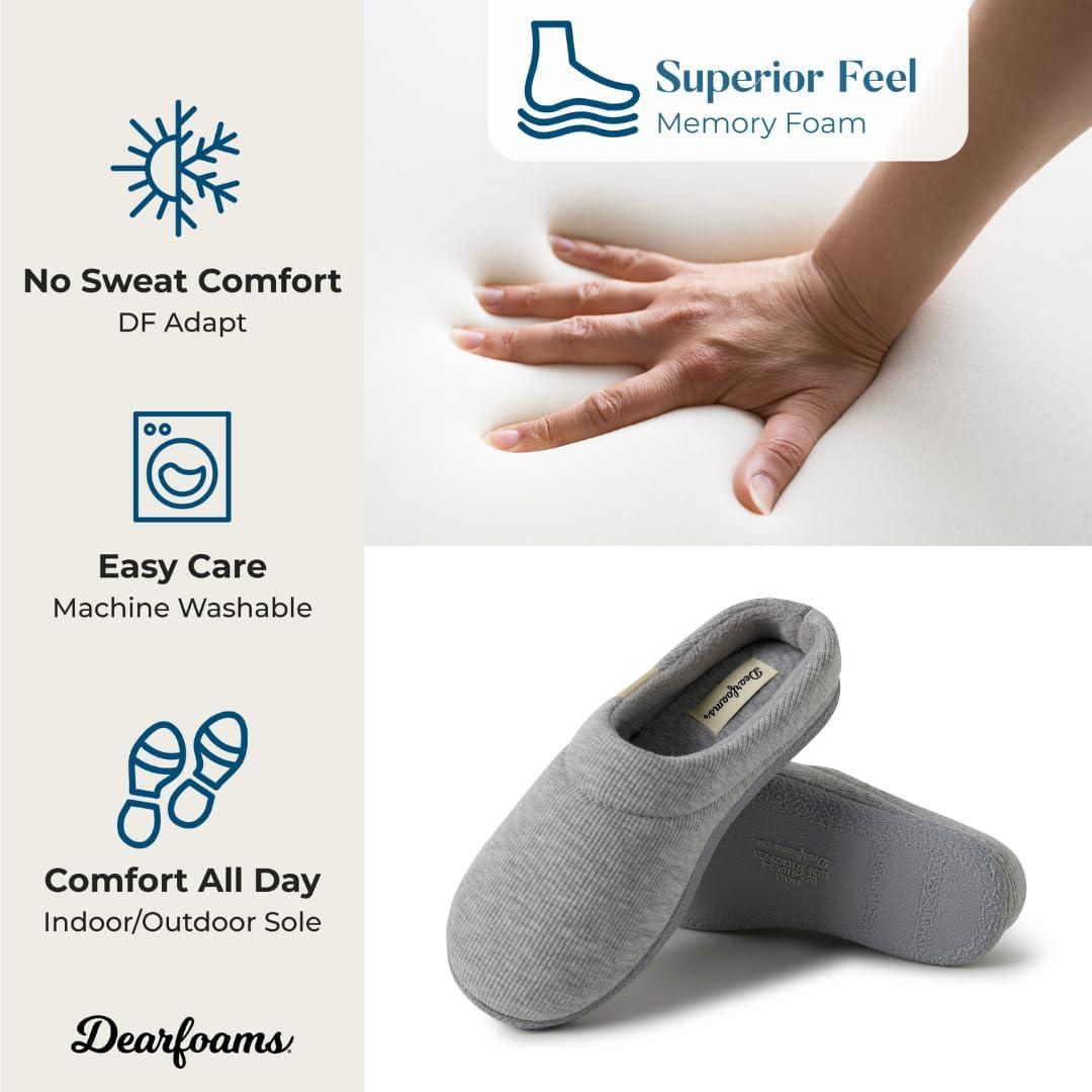 imageDearfoams womens Leslie Clog Slippers With Memory Foam IndoorOutdoor Sole and Wide WidthsLight Heather Grey Knit