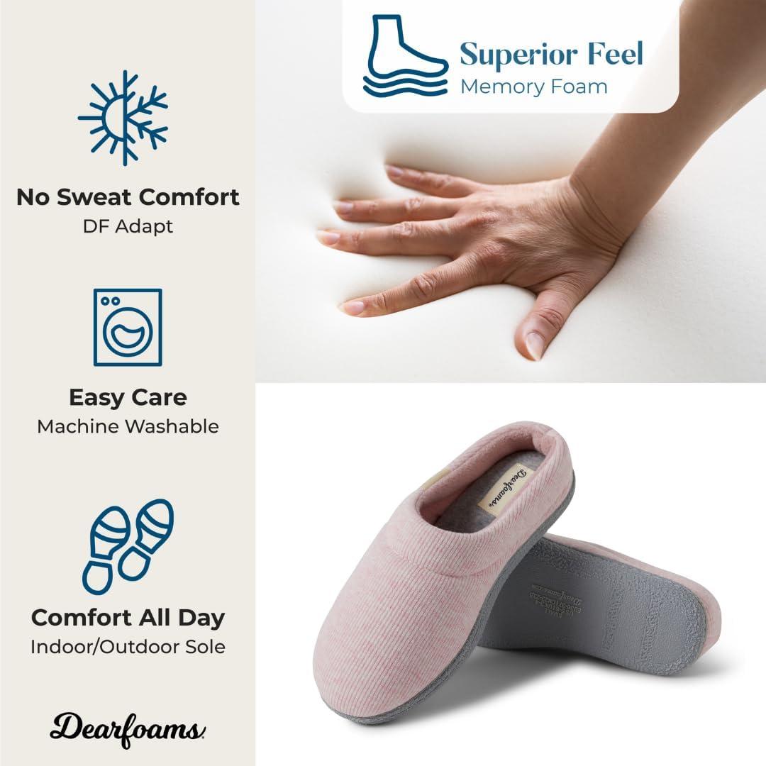 imageDearfoams womens Leslie Clog Slippers With Memory Foam IndoorOutdoor Sole and Wide WidthsPink Heather Knit
