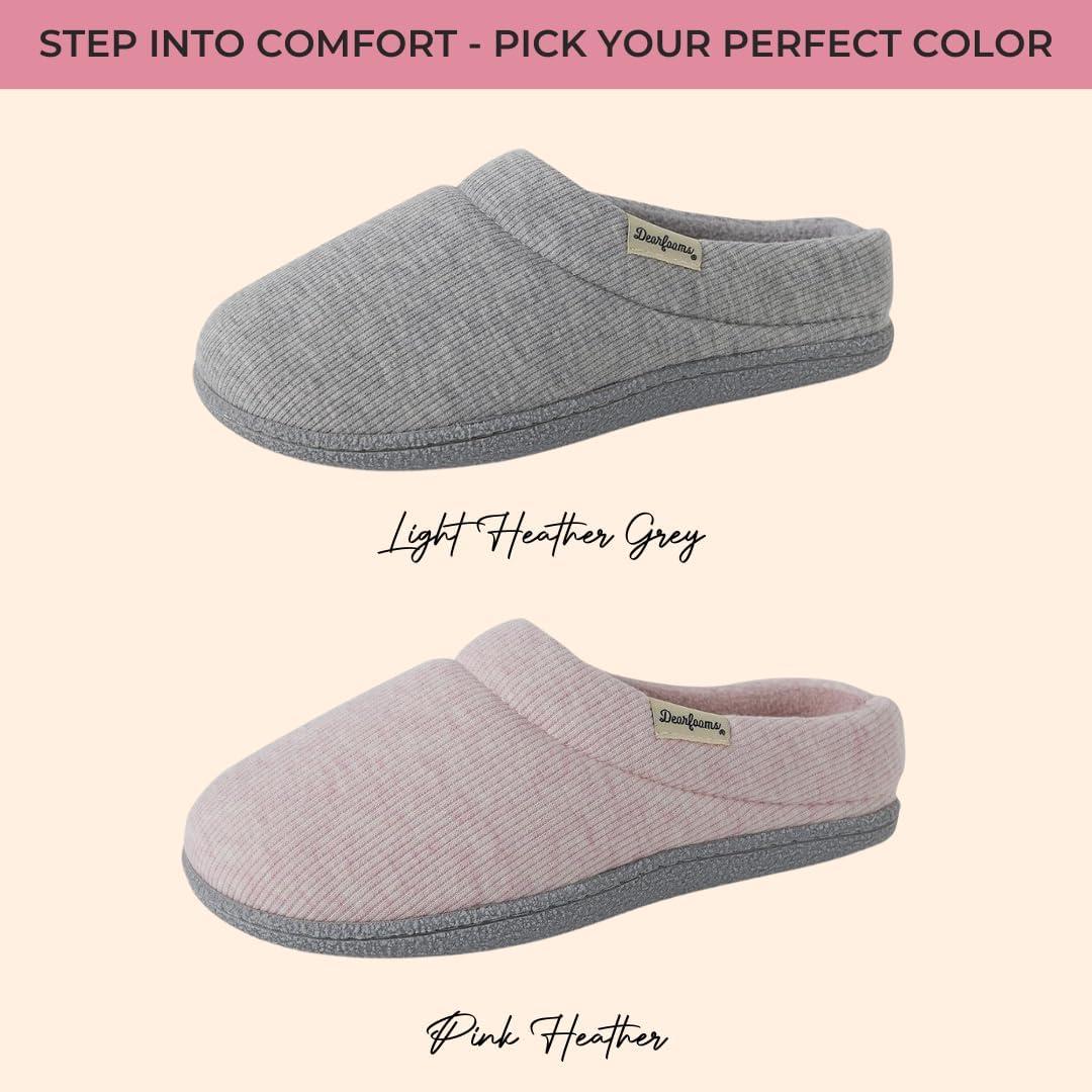 imageDearfoams womens Leslie Clog Slippers With Memory Foam IndoorOutdoor Sole and Wide WidthsPink Heather Knit