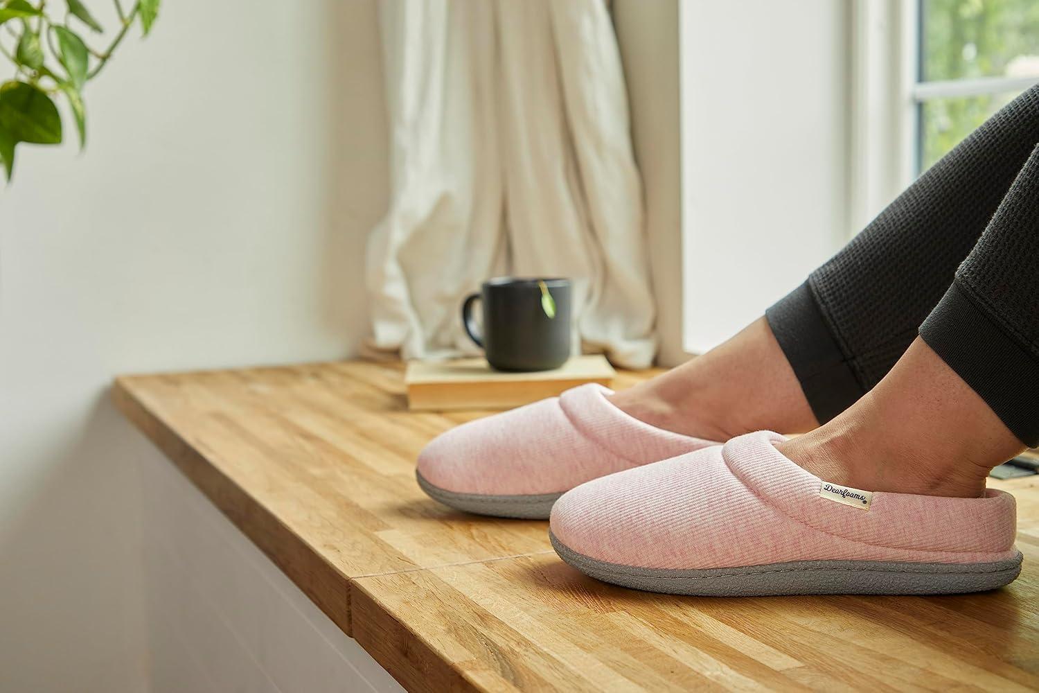 imageDearfoams womens Leslie Clog Slippers With Memory Foam IndoorOutdoor Sole and Wide WidthsPink Heather Knit
