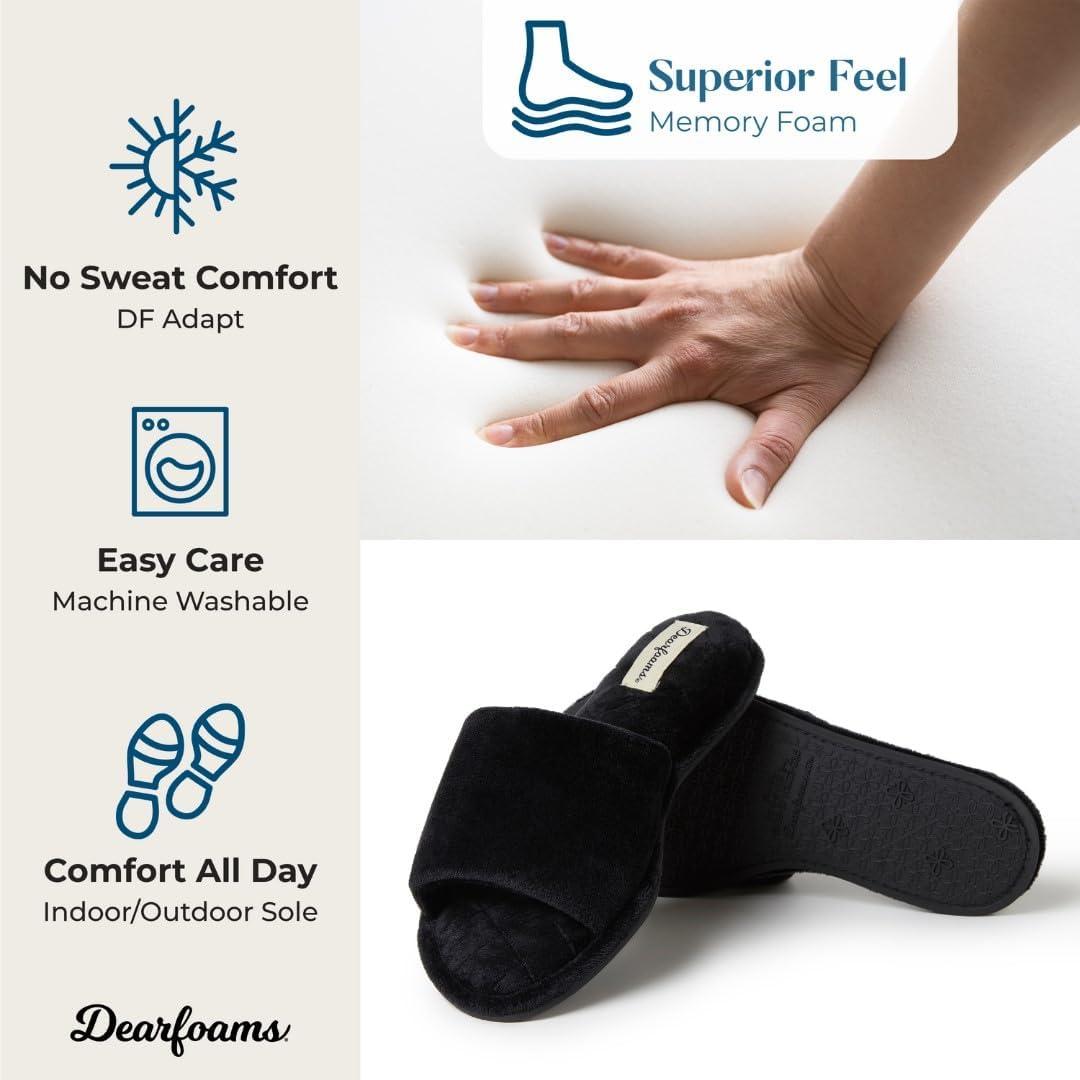 imageDearfoams womens Slipper Memory Foam Summer House Shoe Beatrice Terry SlideBlack Velour
