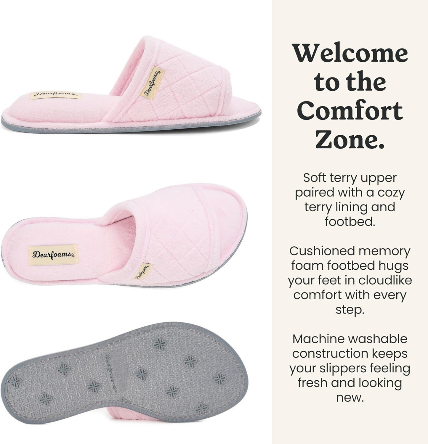 imageDearfoams womens Slipper Memory Foam Summer House Shoe Beatrice Terry SlideFresh Pink Terry