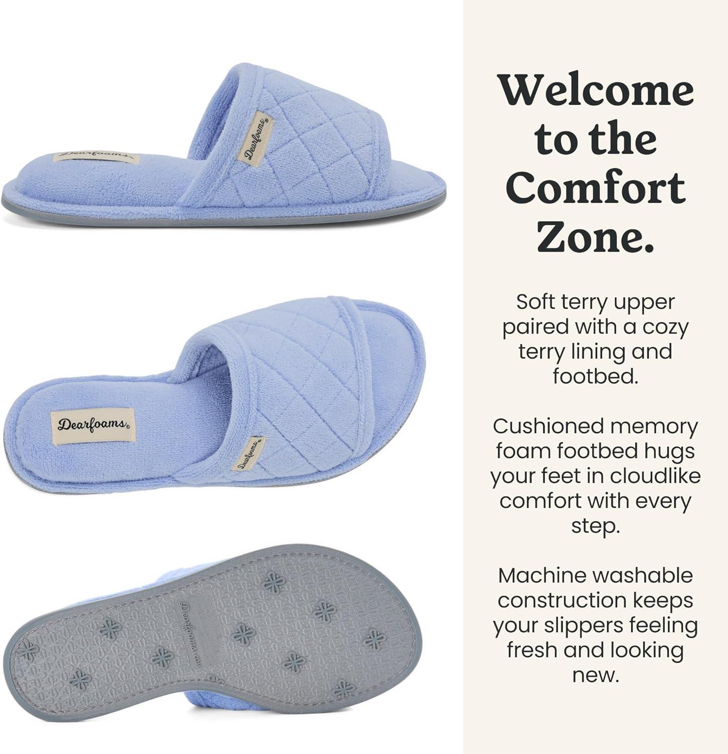 imageDearfoams womens Slipper Memory Foam Summer House Shoe Beatrice Terry SlideIceberg Blue Terry