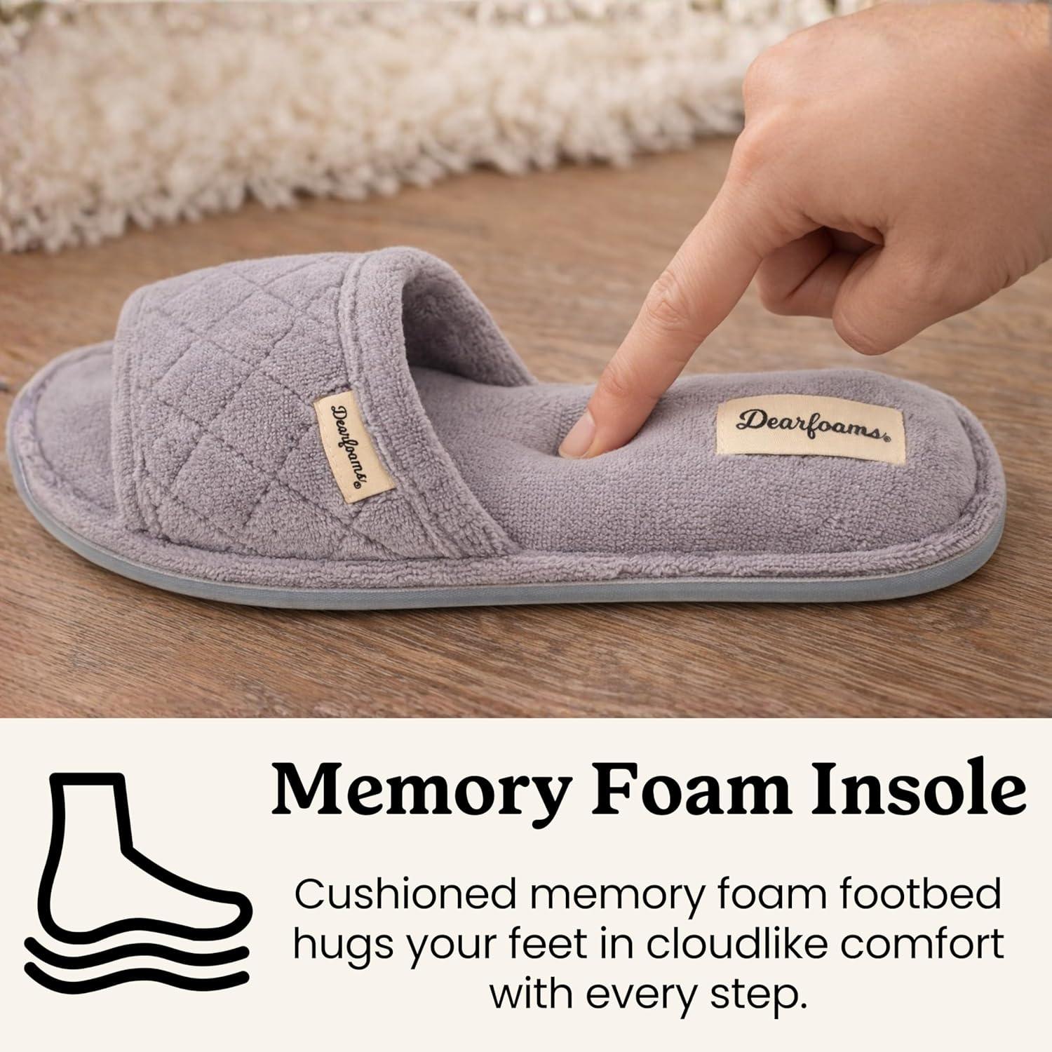 imageDearfoams womens Slipper Memory Foam Summer House Shoe Beatrice Terry SlideMedium Grey Terry