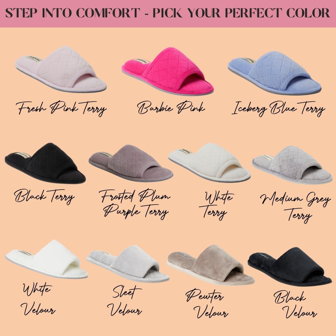 imageDearfoams womens Slipper Memory Foam Summer House Shoe Beatrice Terry SlidePewter Velour