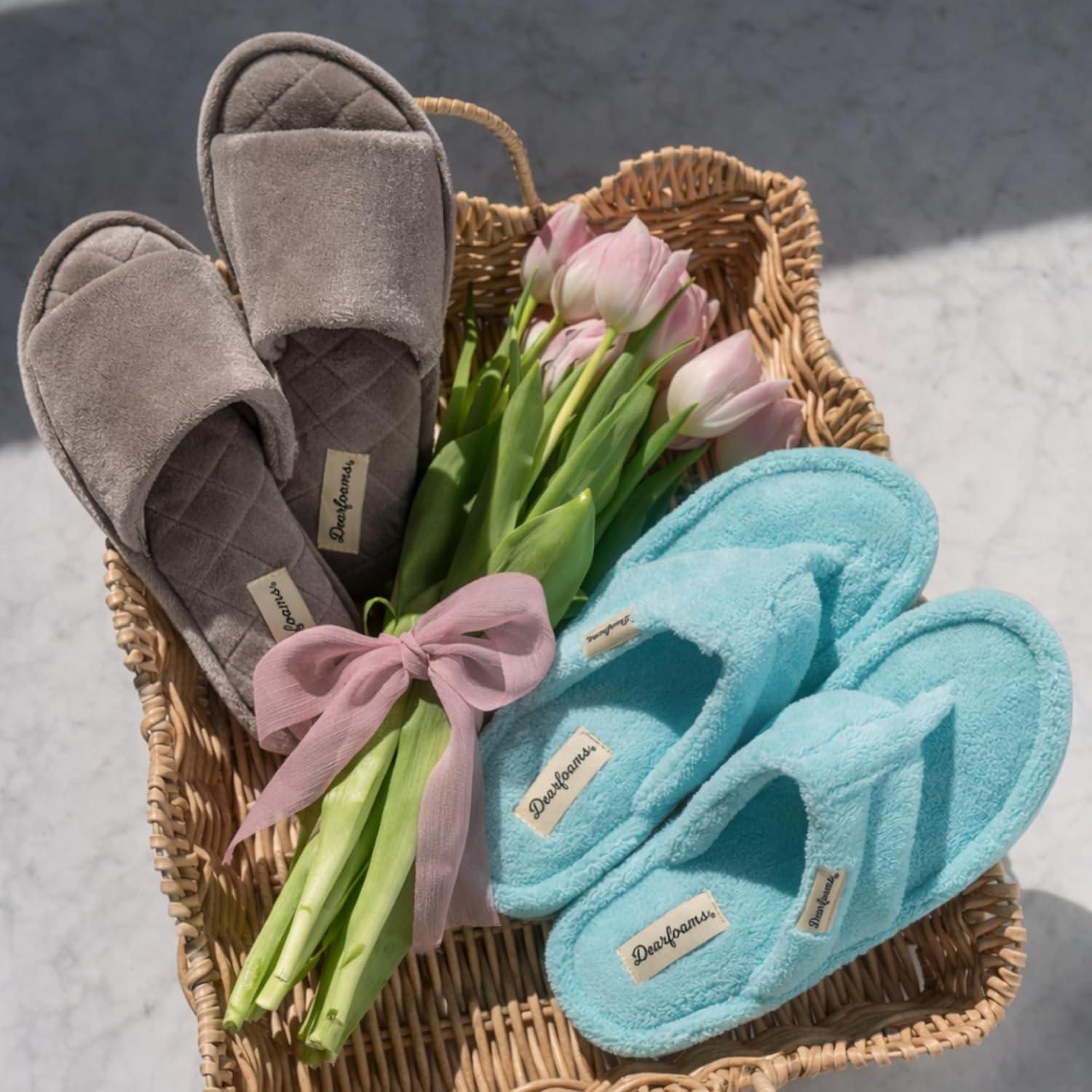 imageDearfoams womens Slipper Memory Foam Summer House Shoe Beatrice Terry SlidePewter Velour