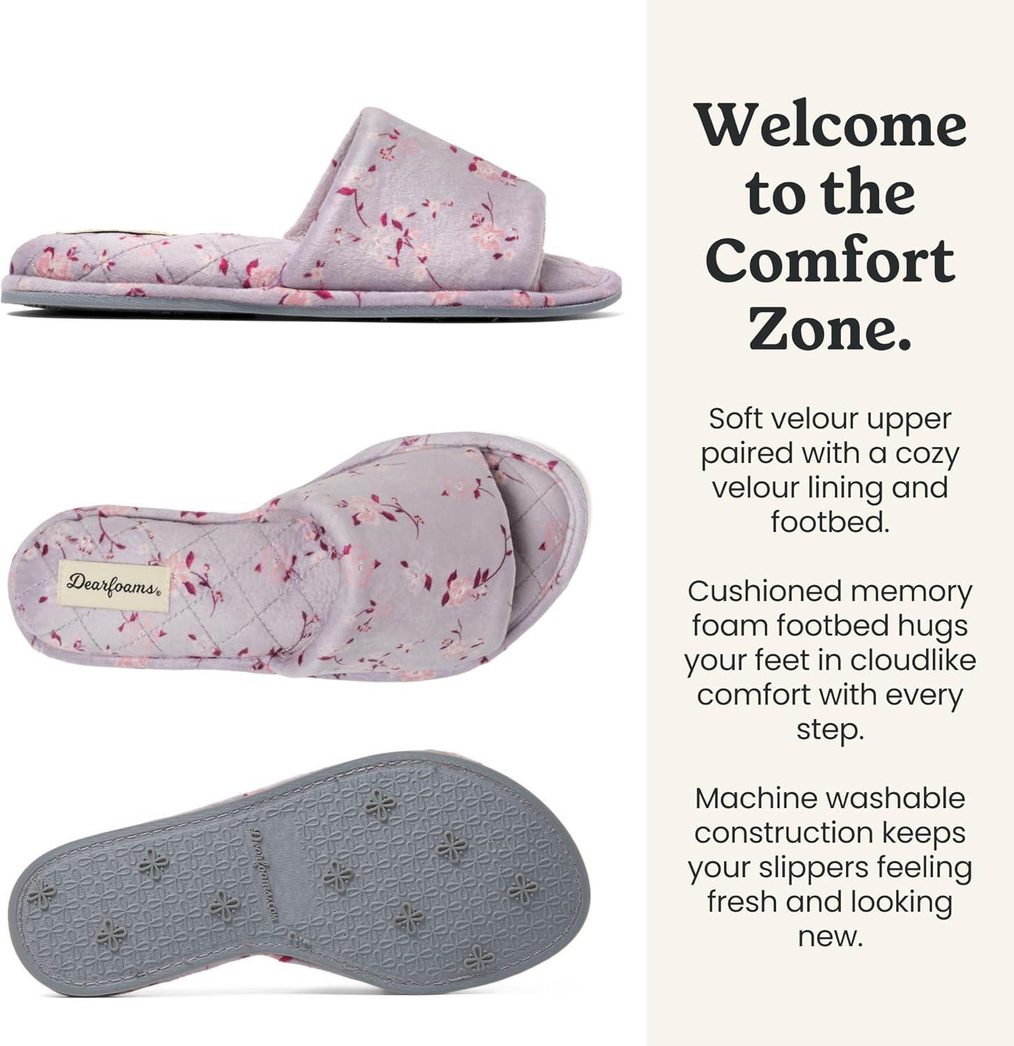 imageDearfoams womens Slipper Memory Foam Summer House Shoe Beatrice Terry SlidePurple Flower Velour