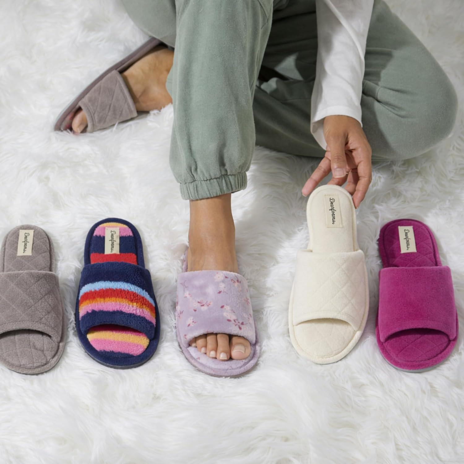 imageDearfoams womens Slipper Memory Foam Summer House Shoe Beatrice Terry SlidePurple Flower Velour