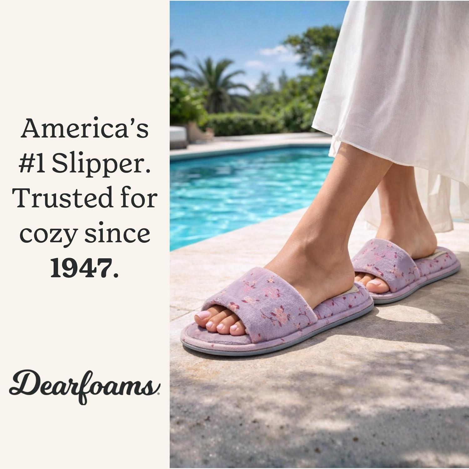 imageDearfoams womens Slipper Memory Foam Summer House Shoe Beatrice Terry SlidePurple Flower Velour