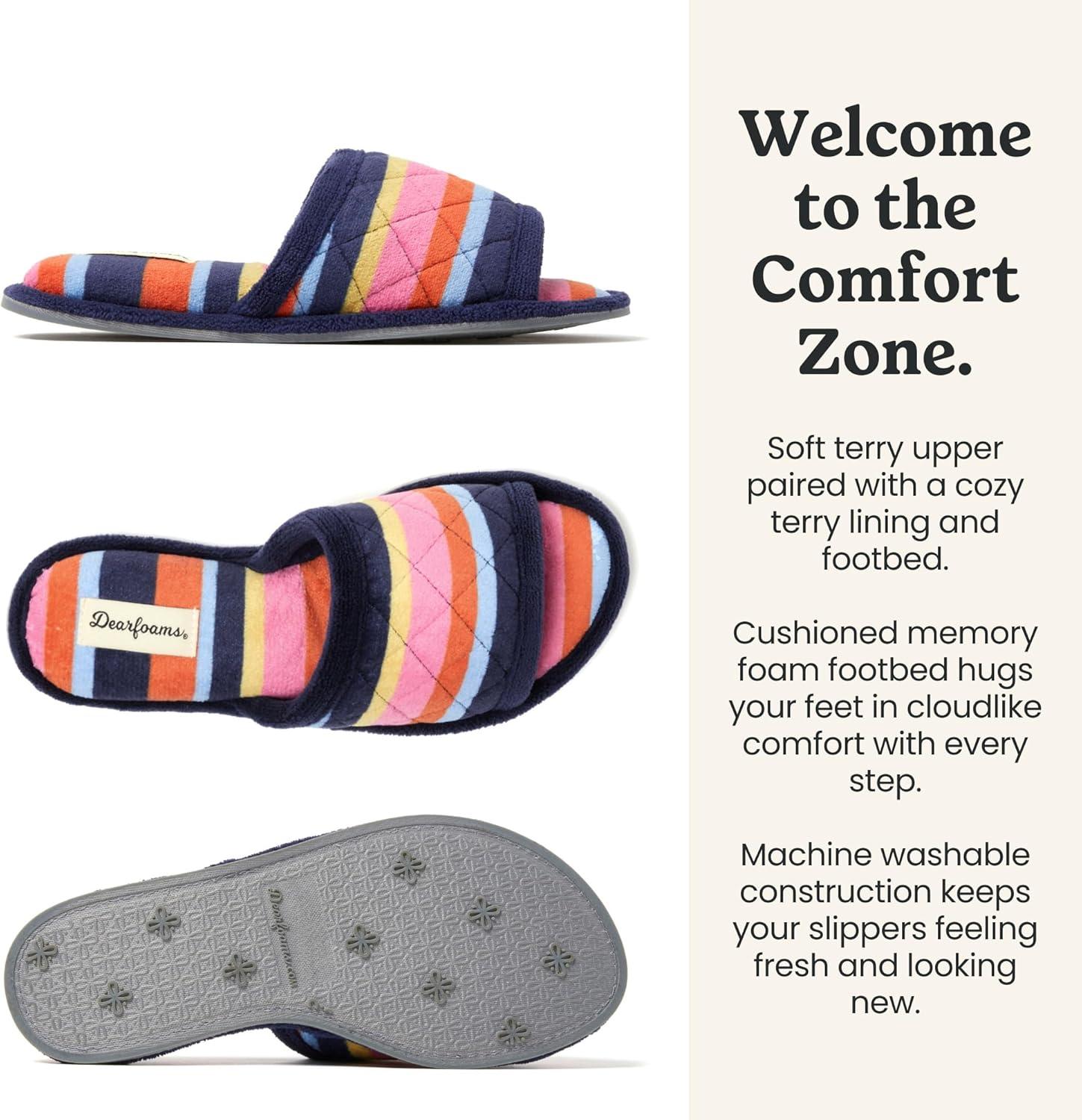 imageDearfoams womens Slipper Memory Foam Summer House Shoe Beatrice Terry SlideTerry Stripes