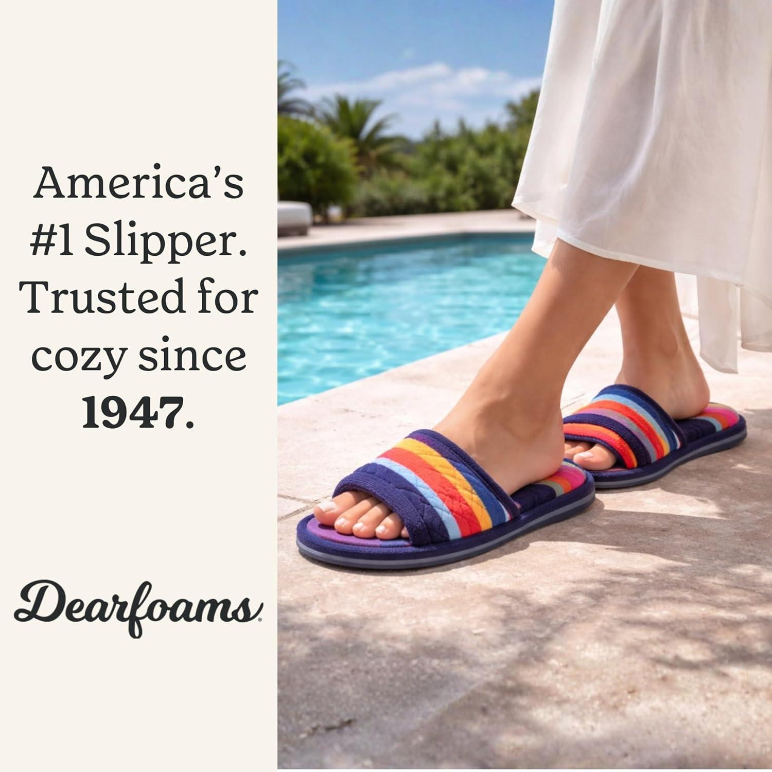 imageDearfoams womens Slipper Memory Foam Summer House Shoe Beatrice Terry SlideTerry Stripes