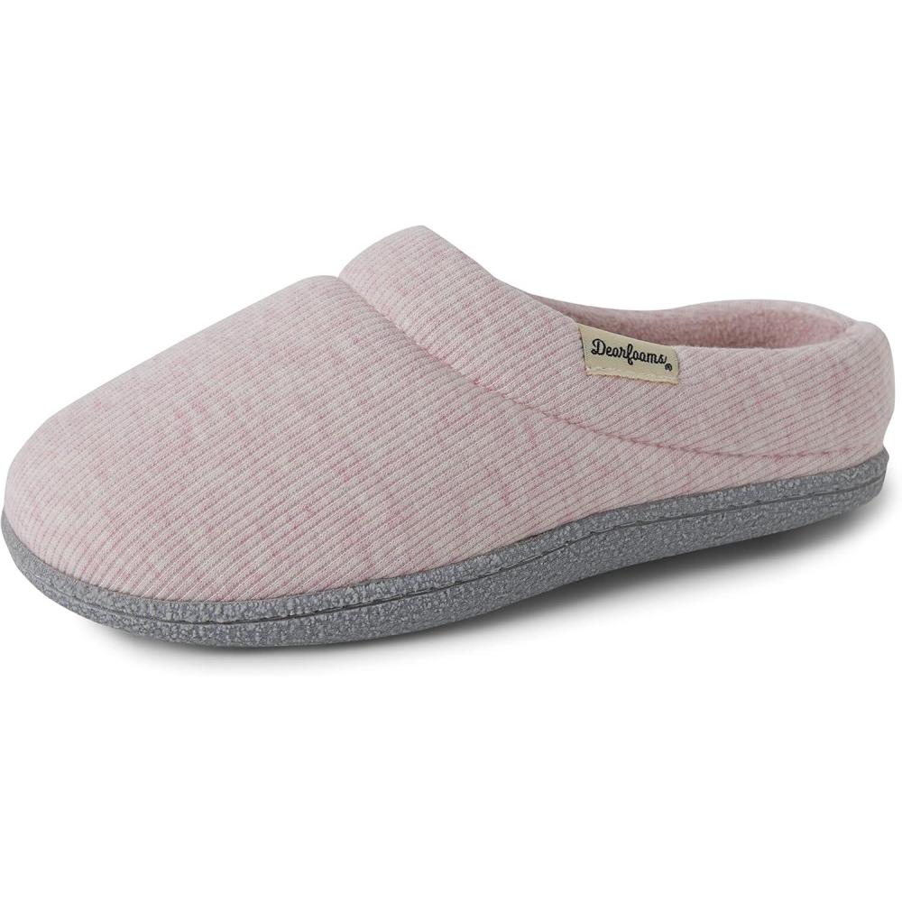 imageDearfoams womens Leslie Clog Slippers With Memory Foam IndoorOutdoor Sole and Wide WidthsPink Heather Knit