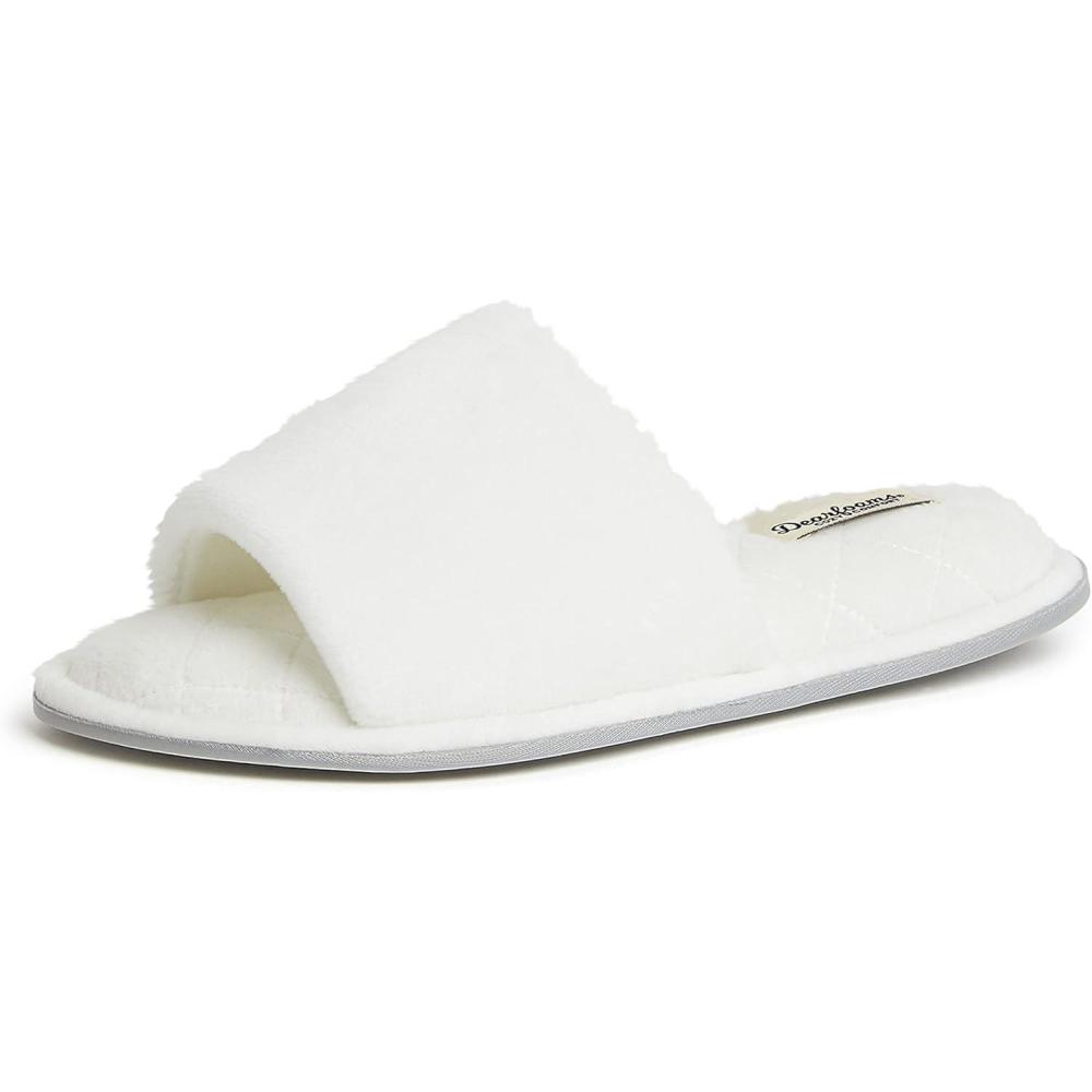 imageDearfoams womens Slipper Memory Foam Summer House Shoe Beatrice Terry SlideWhite Velour