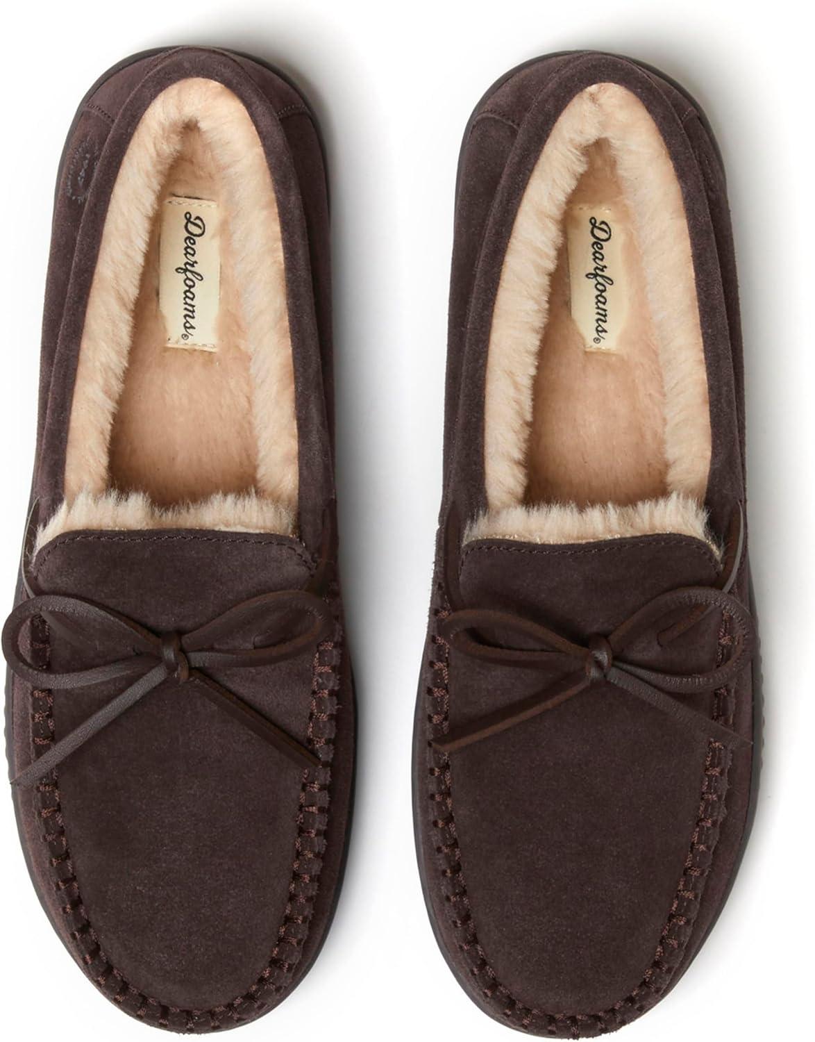 imageDearfoams Mens Hudson Genuine Suede Memory Foam Moccasin With Tie SlipperCoffee 2