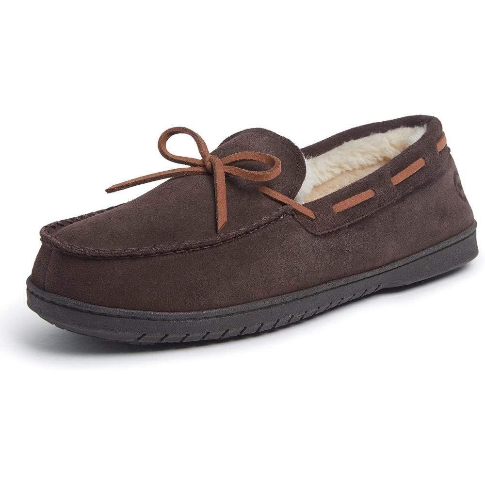 imageDearfoams Mens Hudson Genuine Suede Memory Foam Moccasin With Tie SlipperCoffee