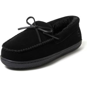 Dearfoams Men’s Hudson Genuine Suede Memory Foam Moccasin With Tie Slipper(Black 2)