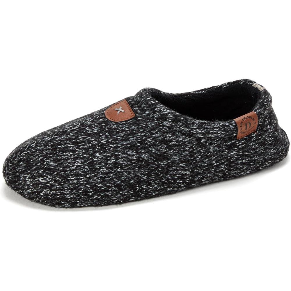 imageDearfoams mens Memory Foam Non Slip Knit Indoor Travel House Shoes Slipper Sock With Storage BagBlack Marled Knit