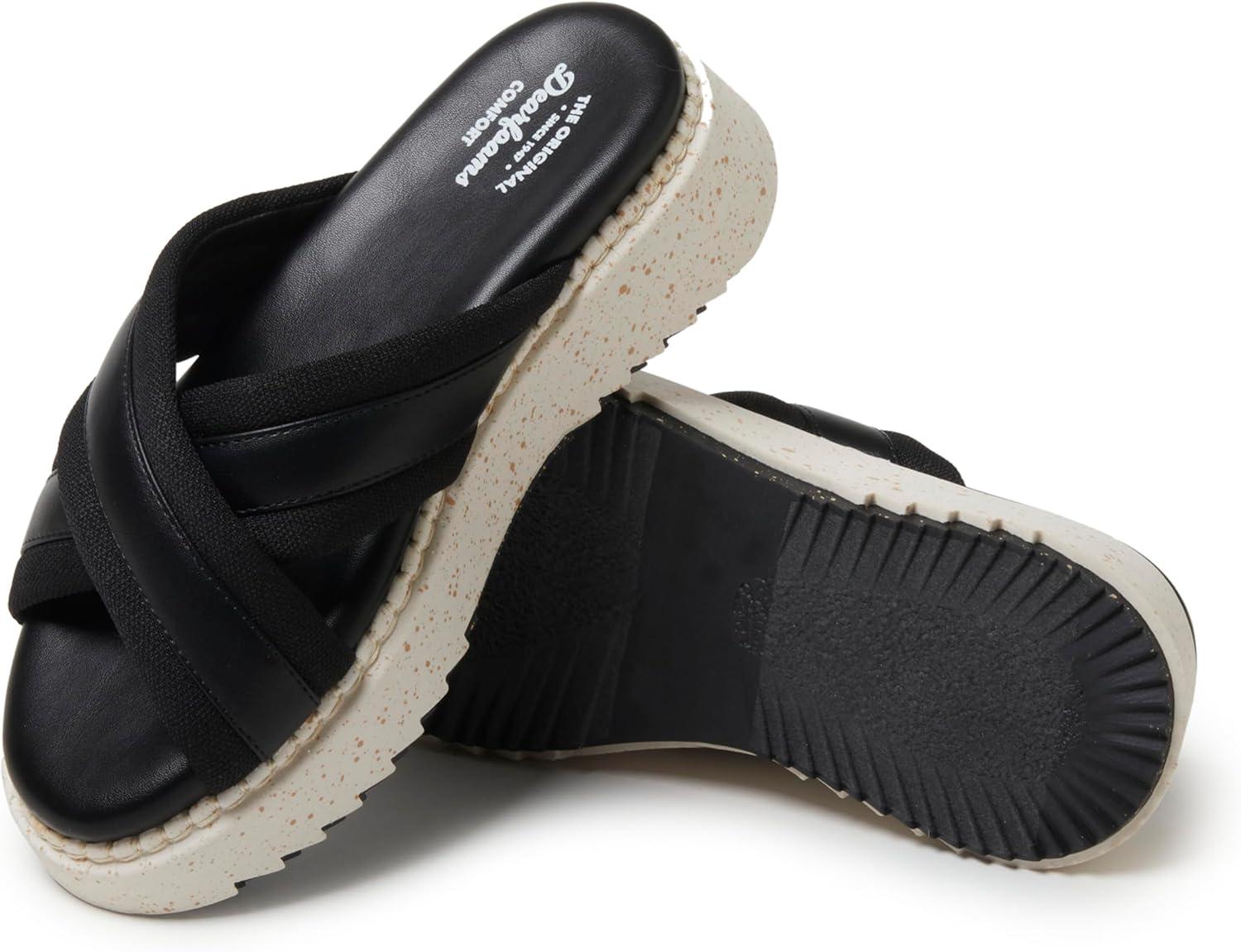 imageDearfoams Womens Daisy Comfortable Wedge Platform Slide SandalBlack