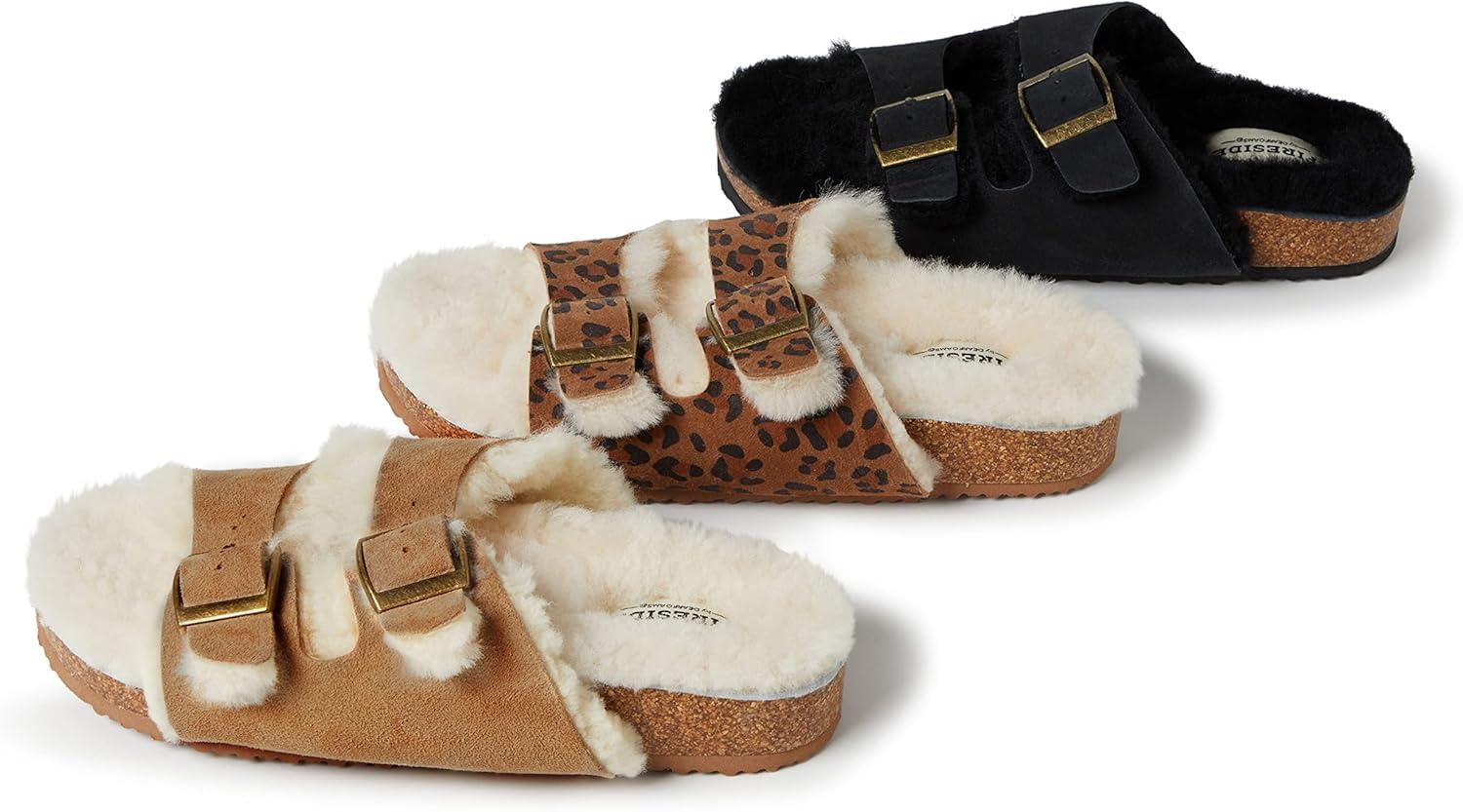 imageDearfoams Womens Fireside Tamworth Shearling Slide Sandal With Cork Footbed and Adjustable BucklesBlack