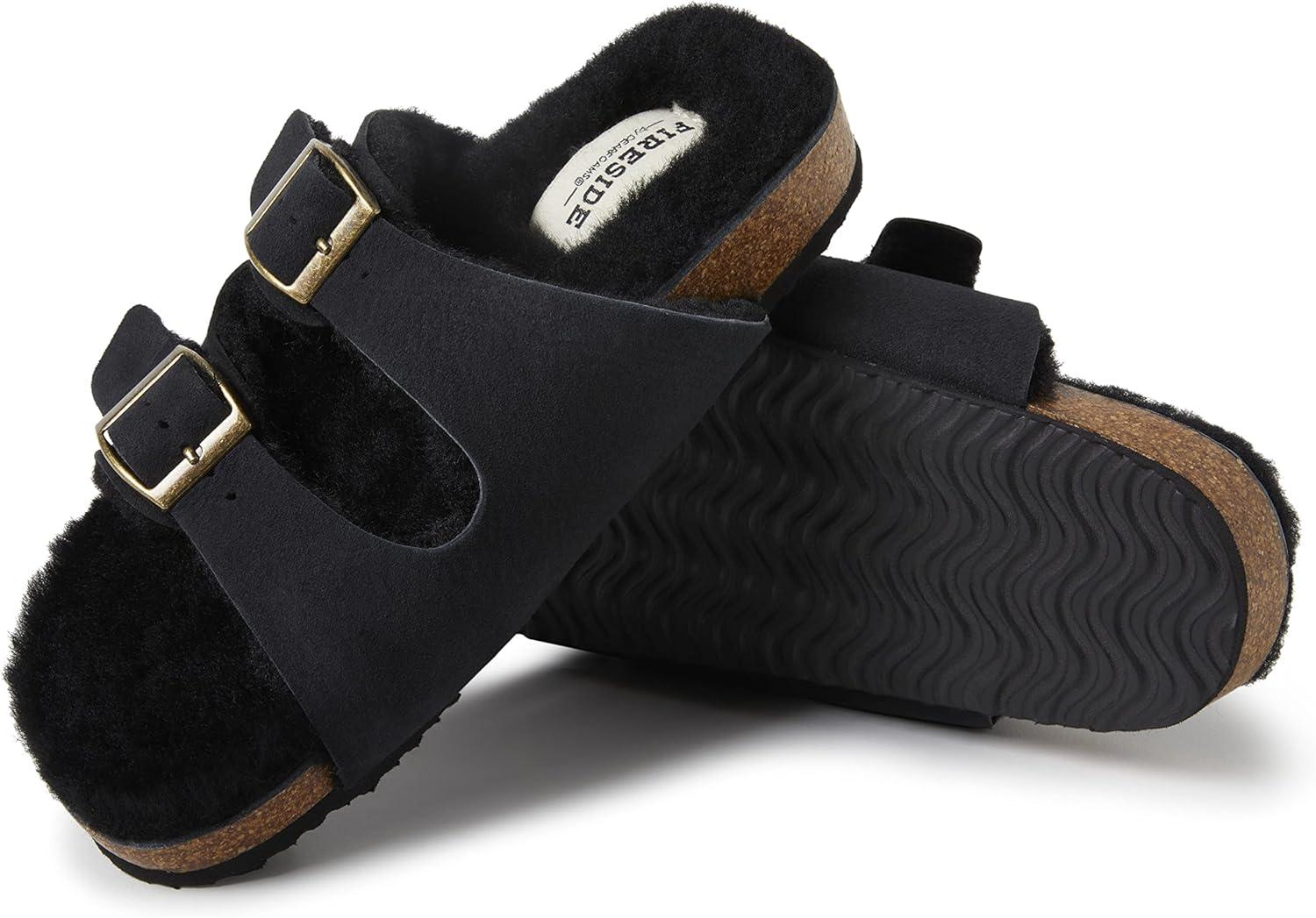 imageDearfoams Womens Fireside Tamworth Shearling Slide Sandal With Cork Footbed and Adjustable BucklesBlack