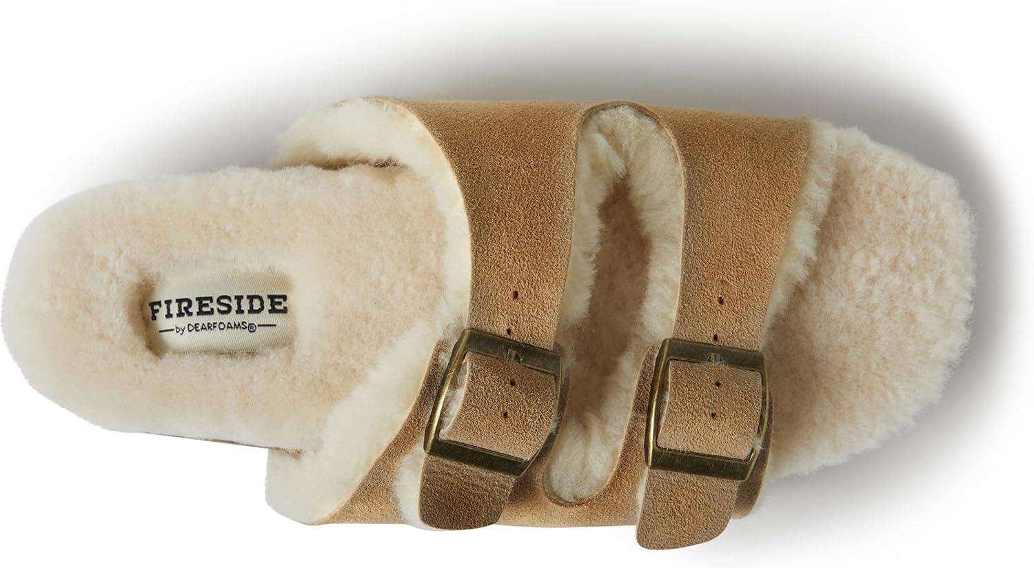 imageDearfoams Womens Fireside Tamworth Shearling Slide Sandal With Cork Footbed and Adjustable BucklesChestnut