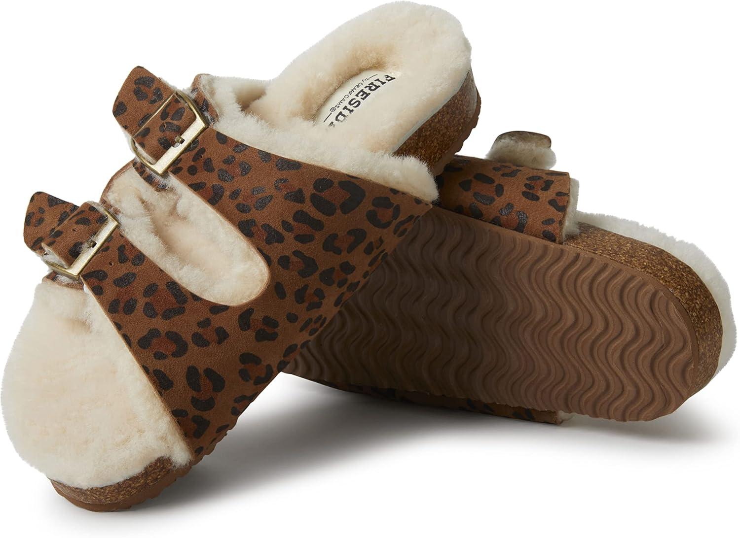 imageDearfoams Womens Fireside Tamworth Shearling Slide Sandal With Cork Footbed and Adjustable BucklesLeopard