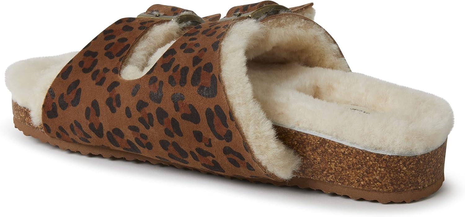 imageDearfoams Womens Fireside Tamworth Shearling Slide Sandal With Cork Footbed and Adjustable BucklesLeopard